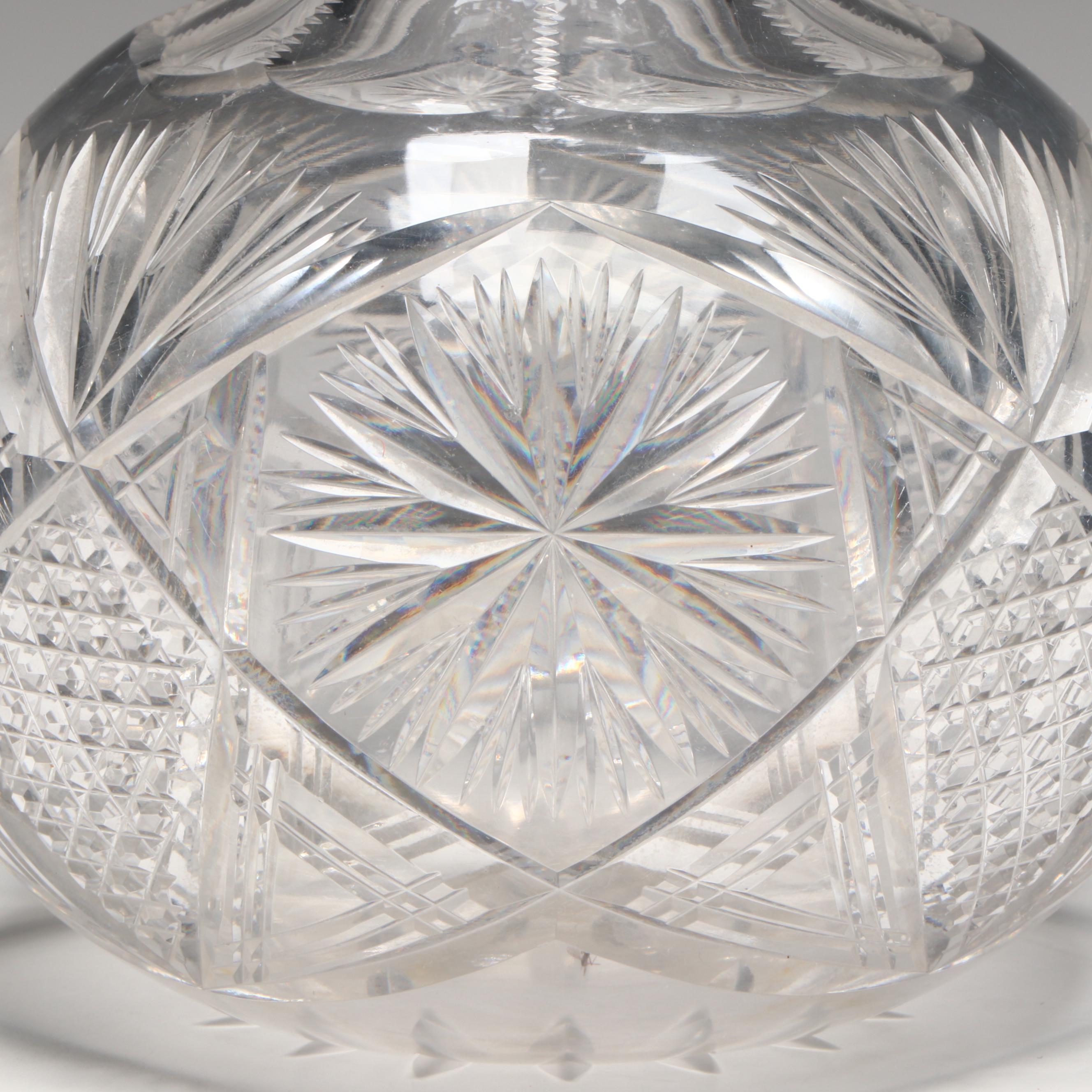 American Brilliant Style Cut Glass Carafe with Twisted Stem Wine Glasses