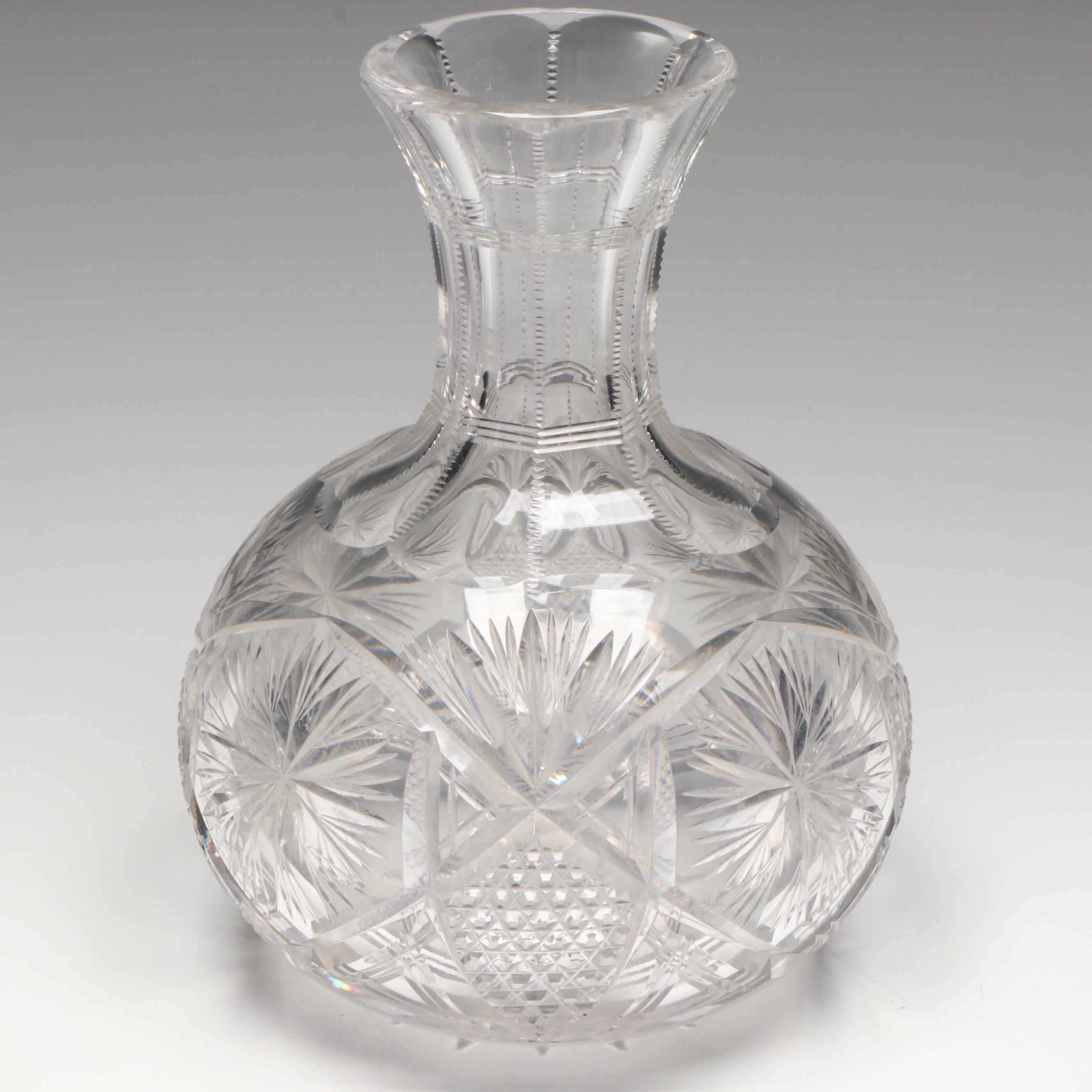 American Brilliant Style Cut Glass Carafe with Twisted Stem Wine Glasses