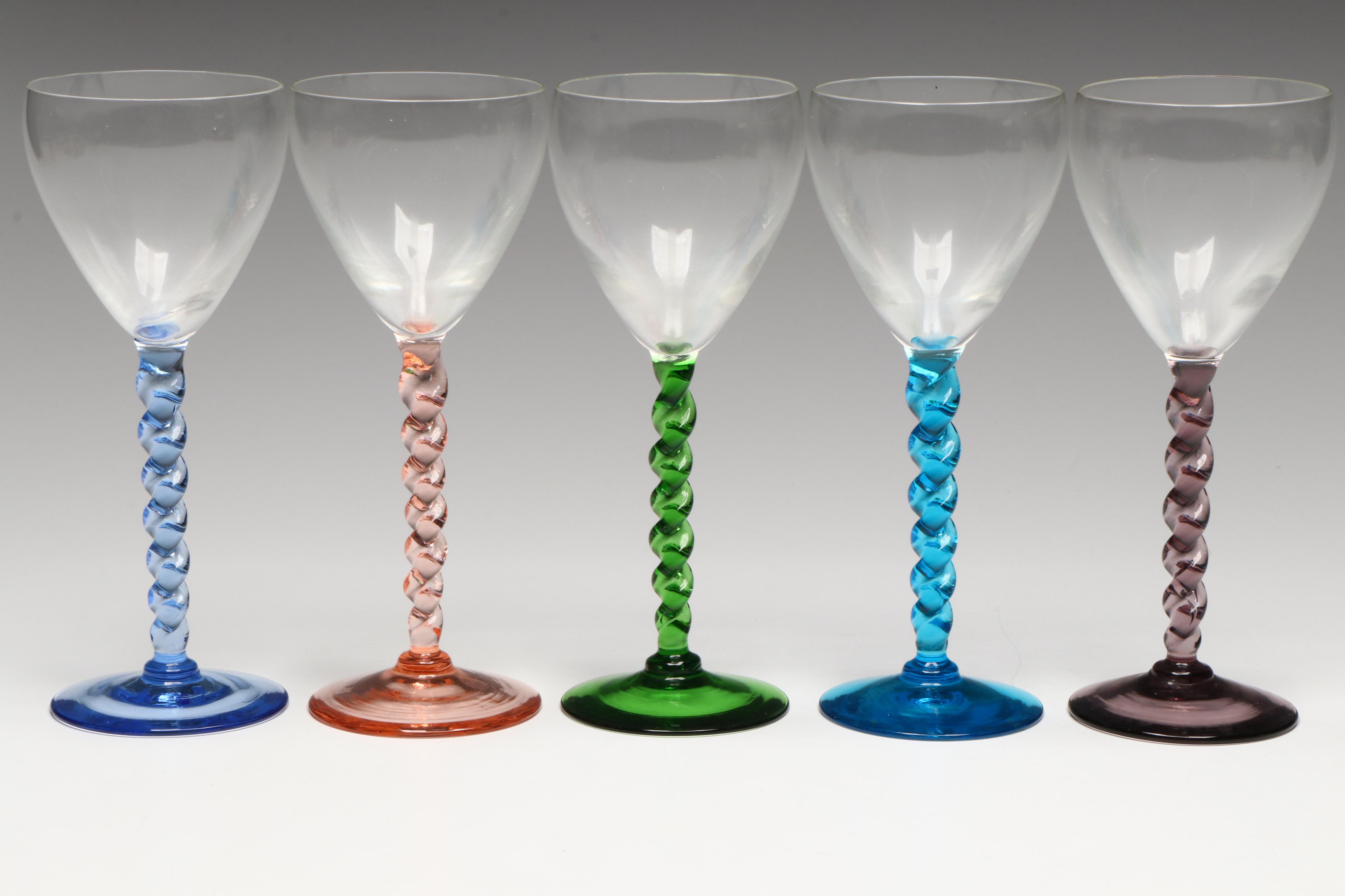 American Brilliant Style Cut Glass Carafe with Twisted Stem Wine Glasses