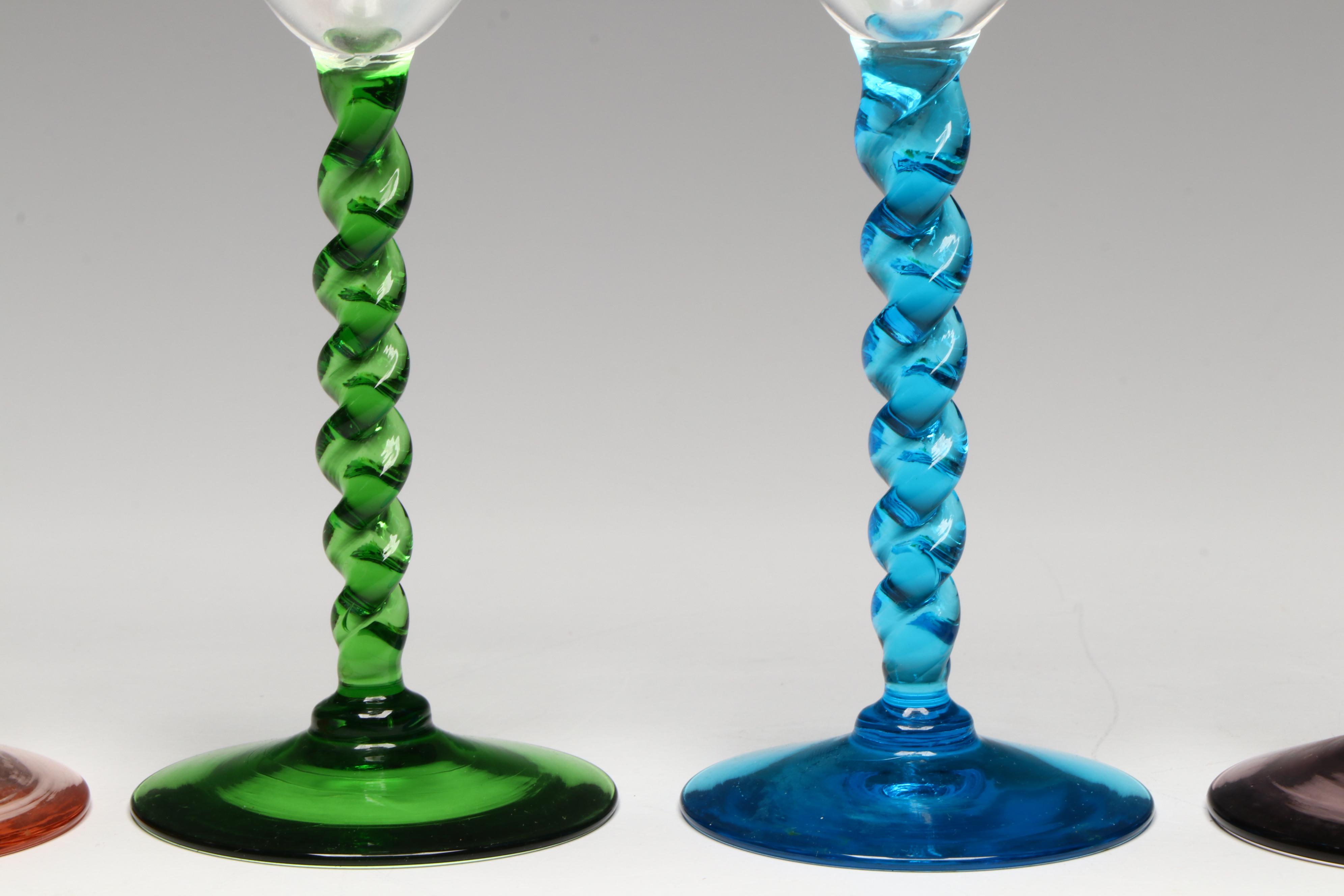 American Brilliant Style Cut Glass Carafe with Twisted Stem Wine Glasses