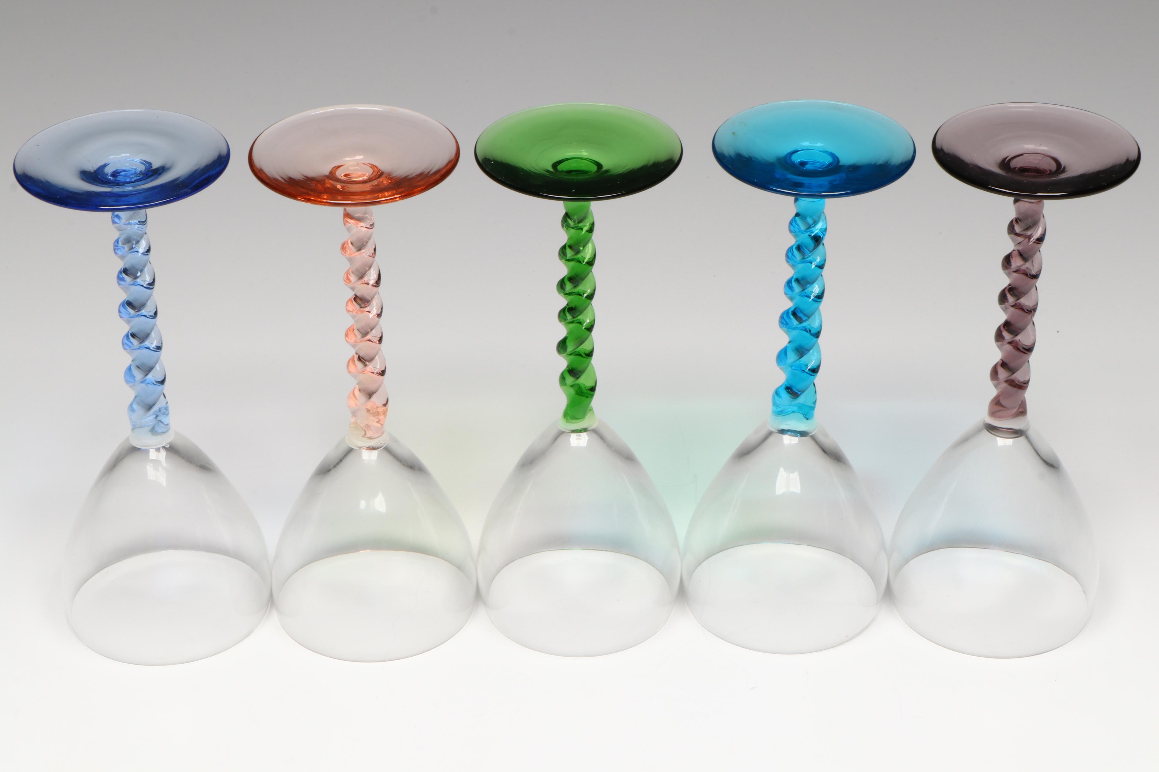 American Brilliant Style Cut Glass Carafe with Twisted Stem Wine Glasses