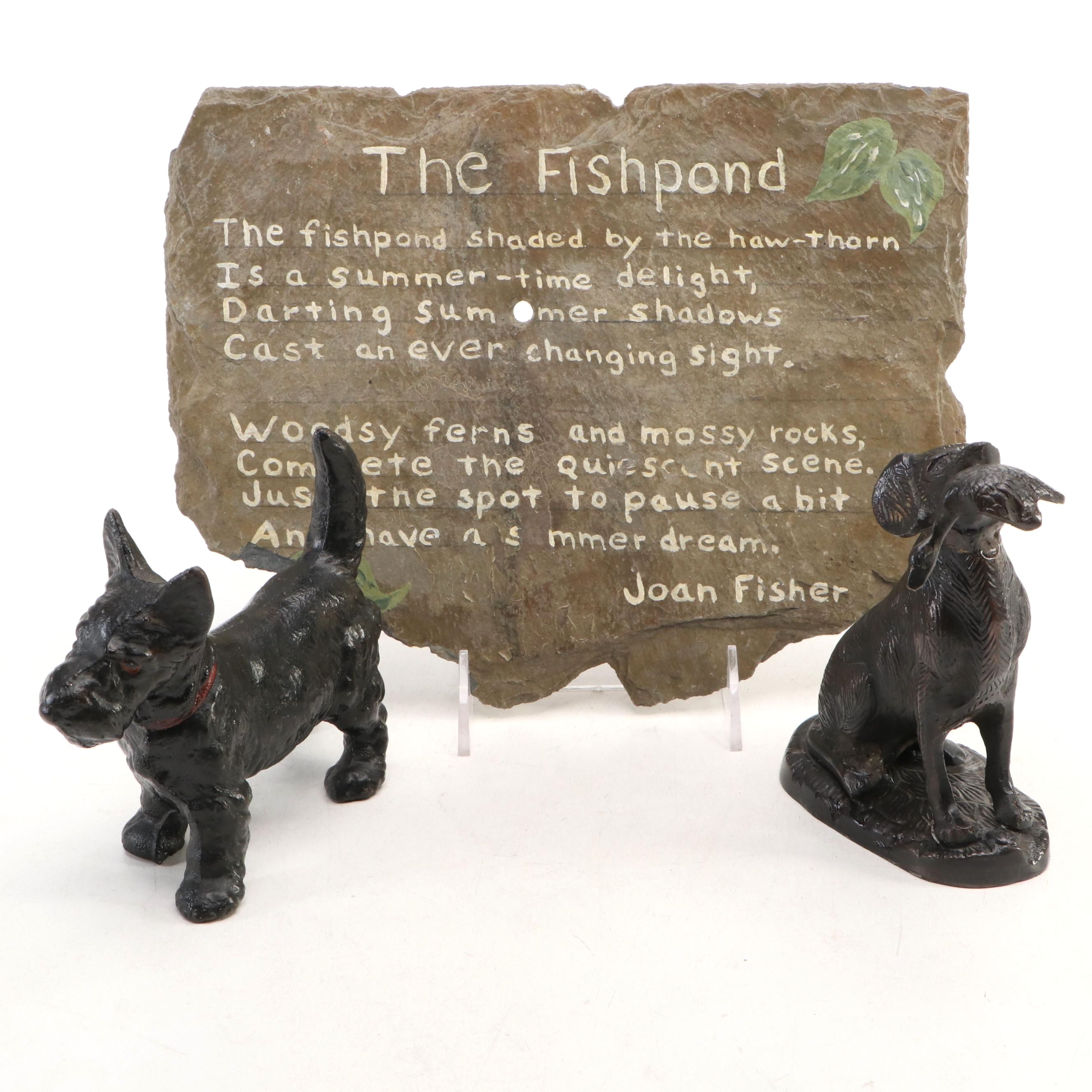 Cast Iron Scottish Terrier and Hunting Dog with "The Fishpond" Stone Sign