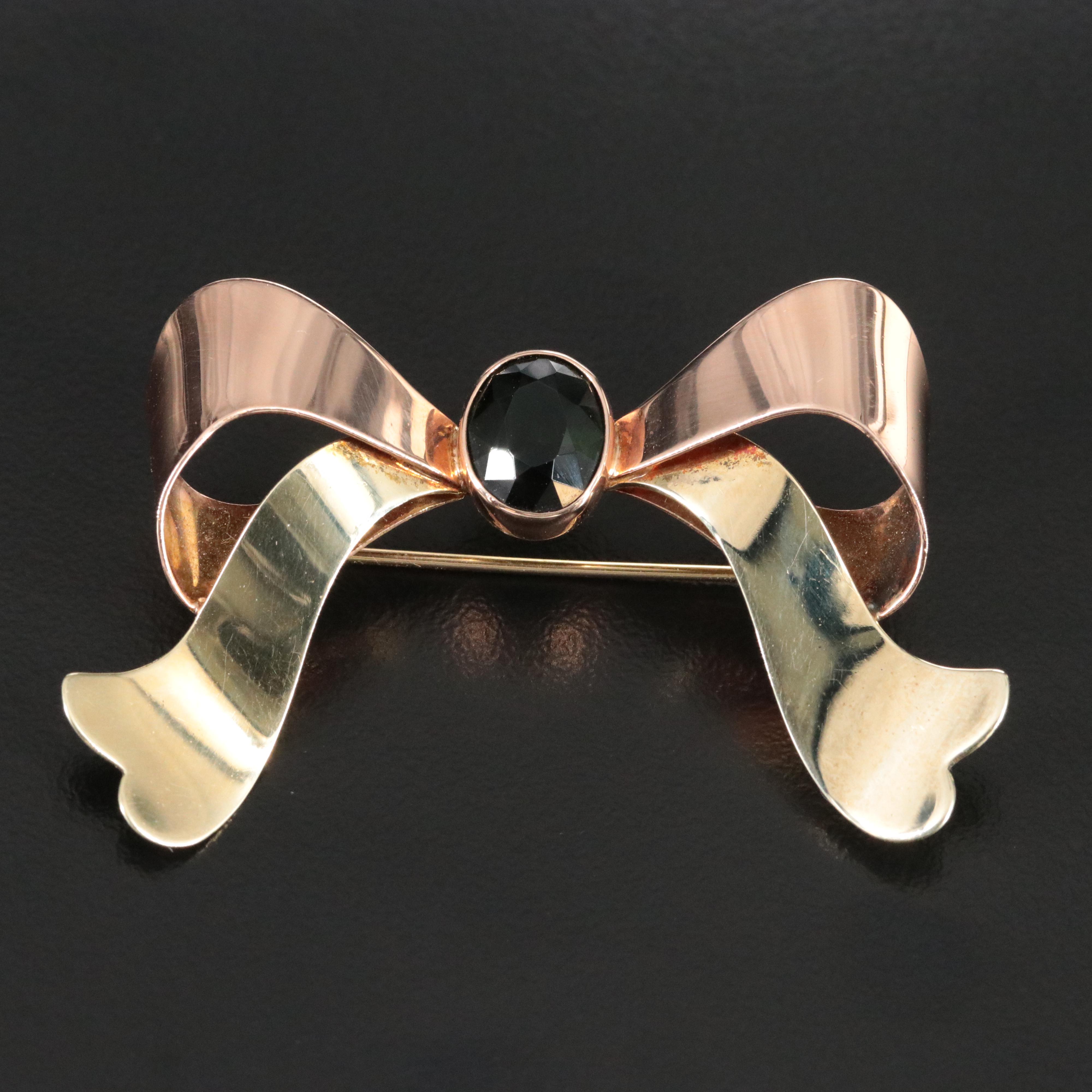 Retro 14K Tourmaline Bow Brooch with Rose Gold Accents