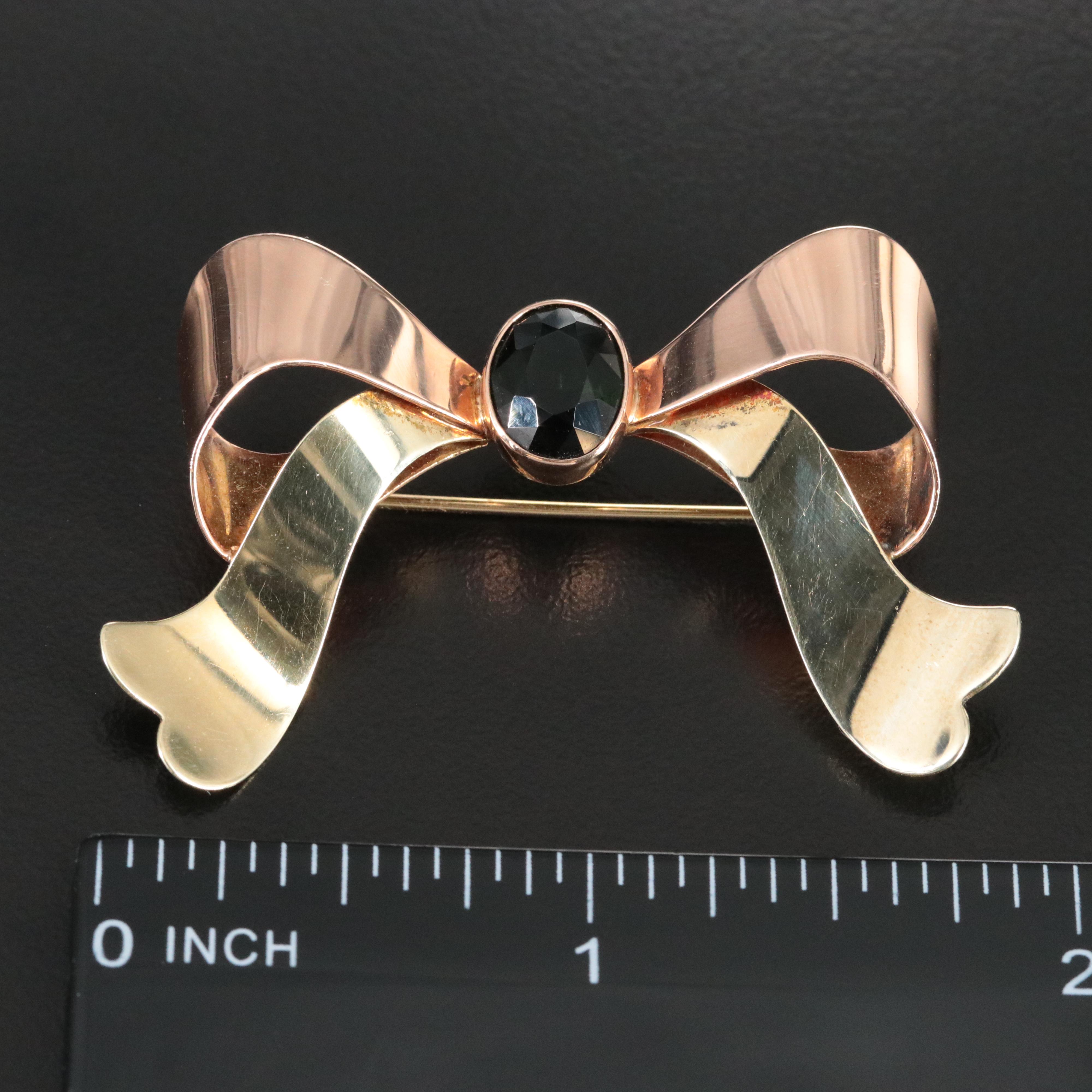 Retro 14K Tourmaline Bow Brooch with Rose Gold Accents