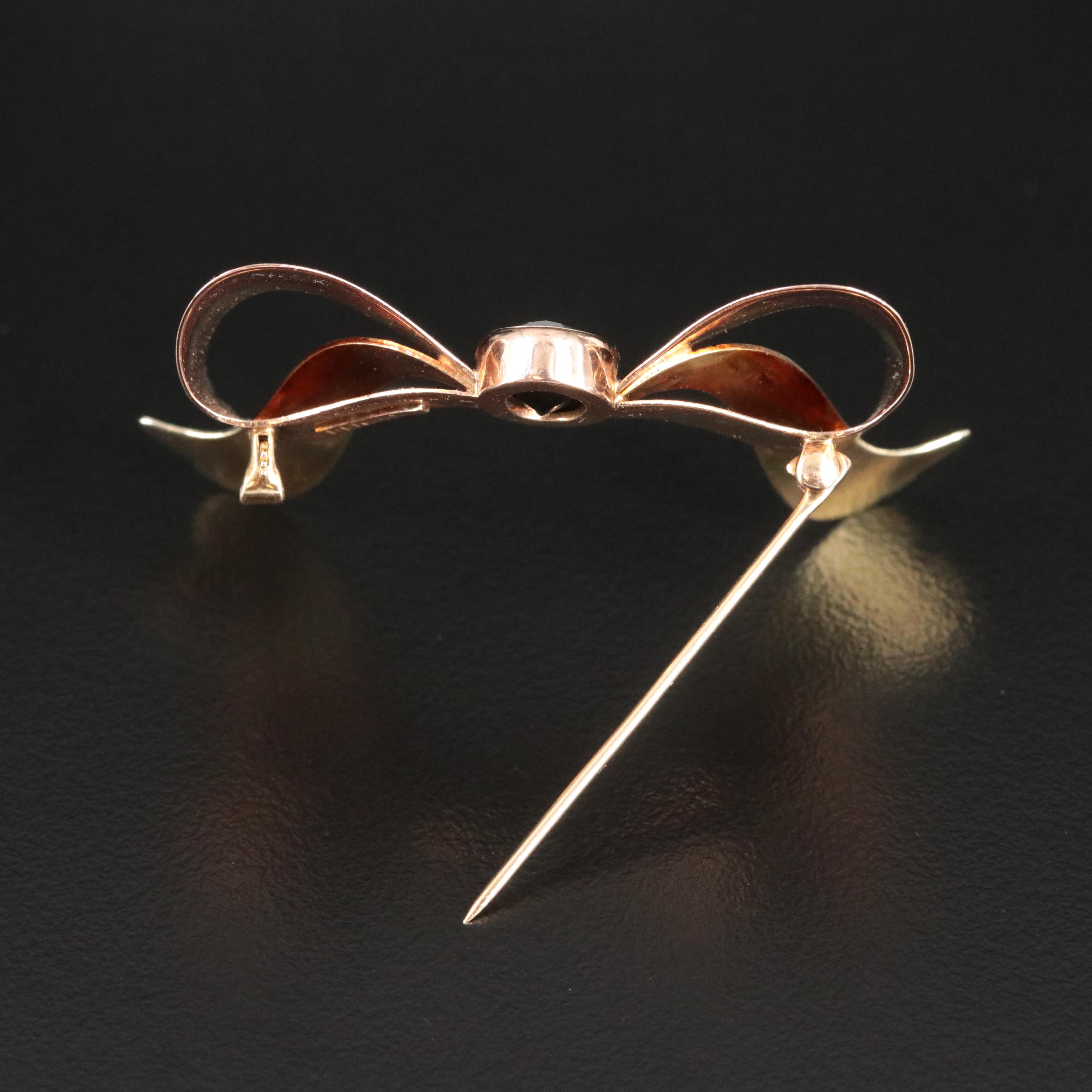 Retro 14K Tourmaline Bow Brooch with Rose Gold Accents