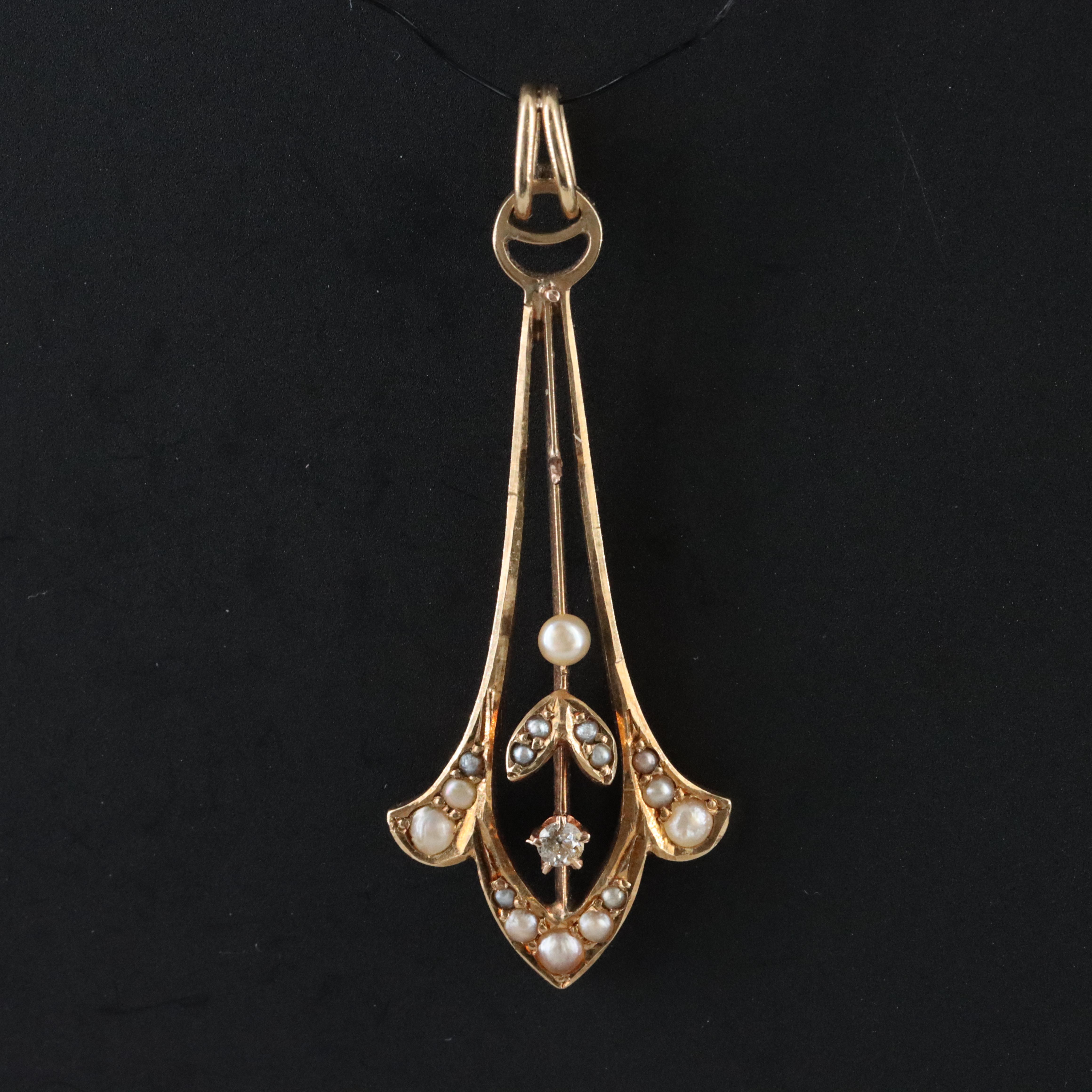 Vintage 14K 0.03 CT Diamond and Seed Pearl Pendant