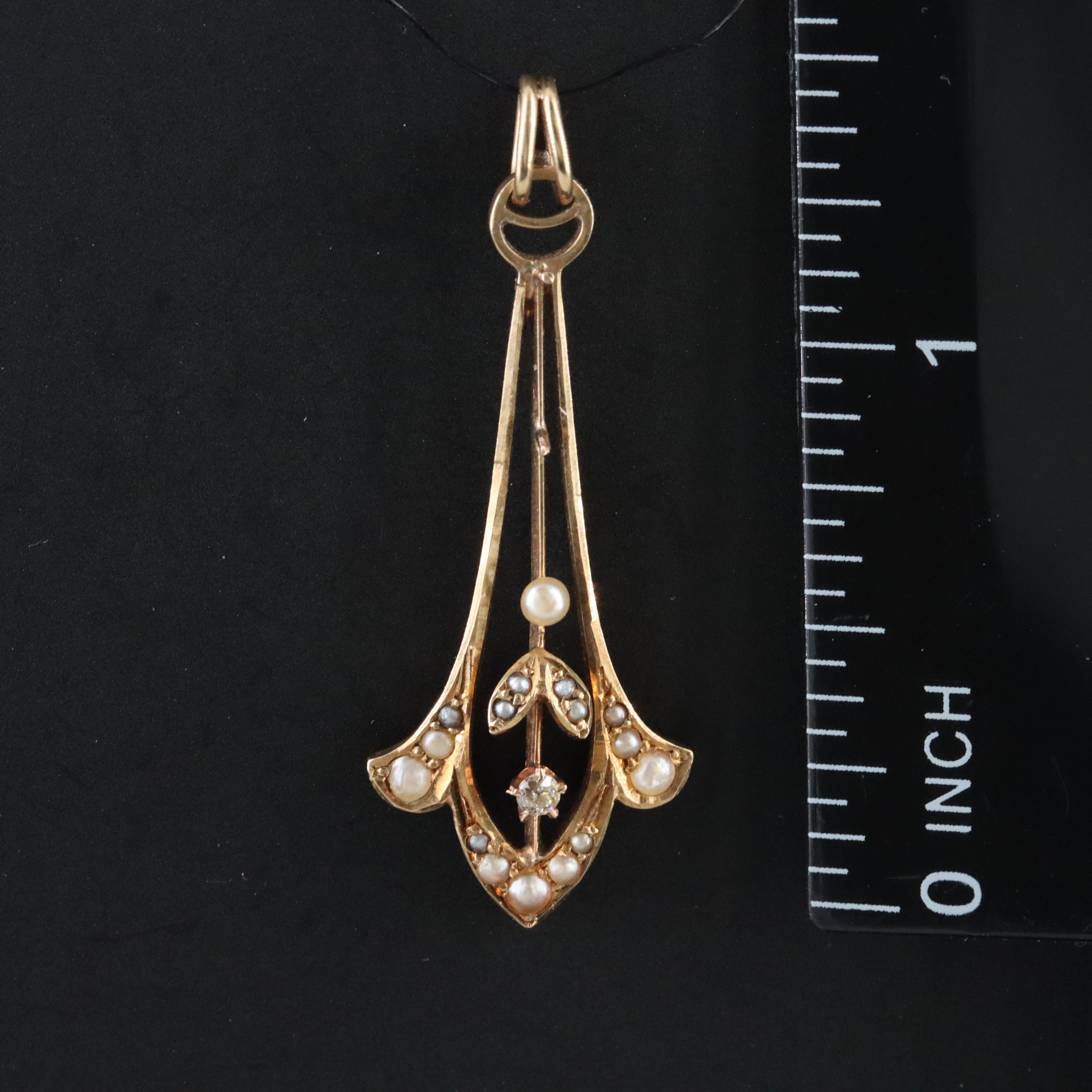 Vintage 14K 0.03 CT Diamond and Seed Pearl Pendant