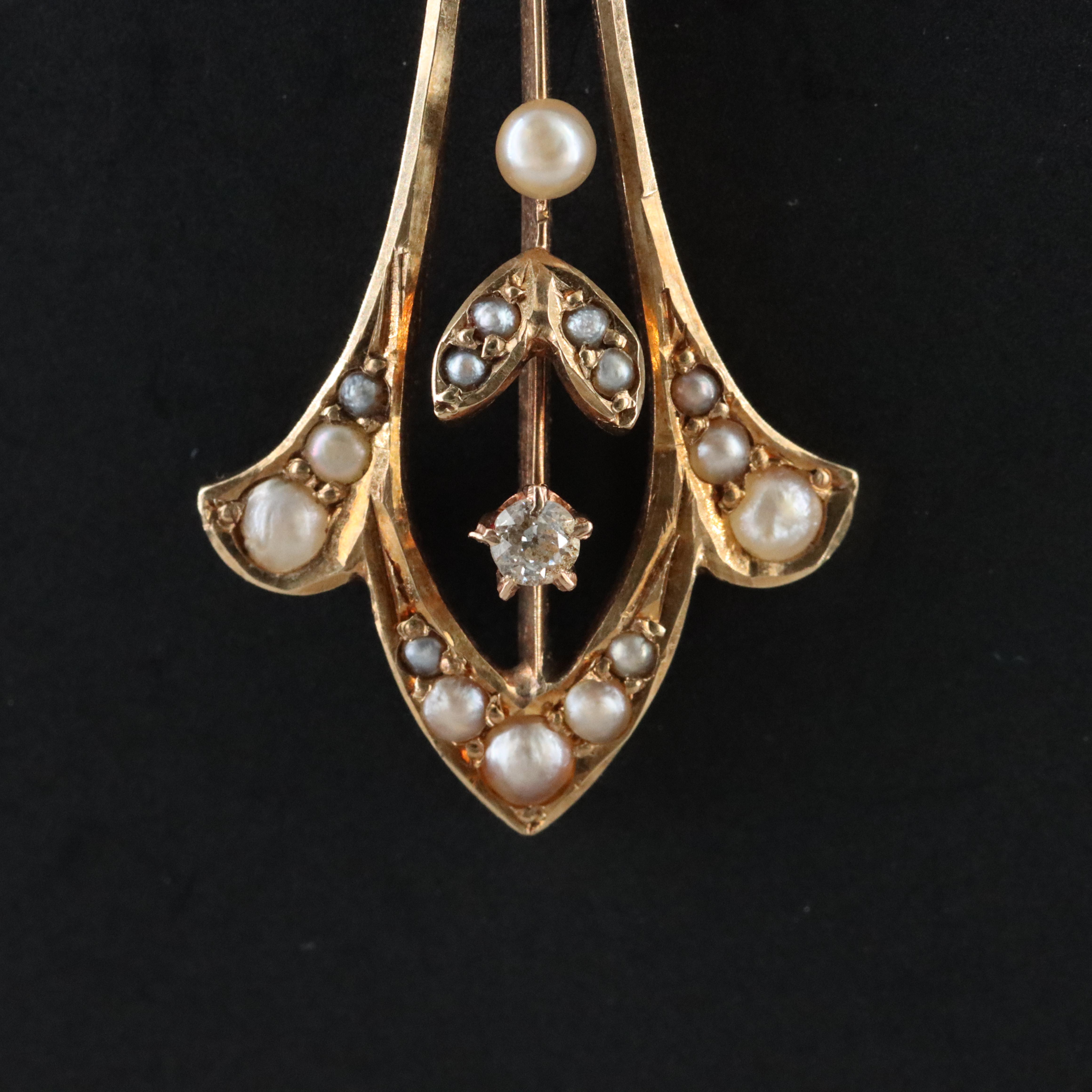 Vintage 14K 0.03 CT Diamond and Seed Pearl Pendant