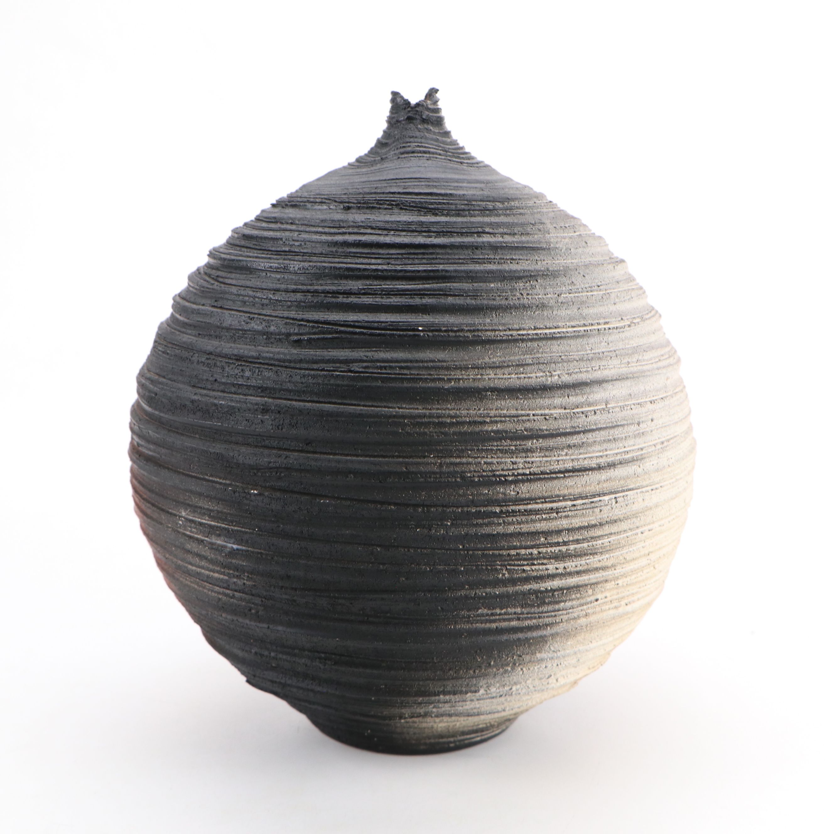 Contemporary Ribbed Art Pottery Orb-Shaped Bottle Vase