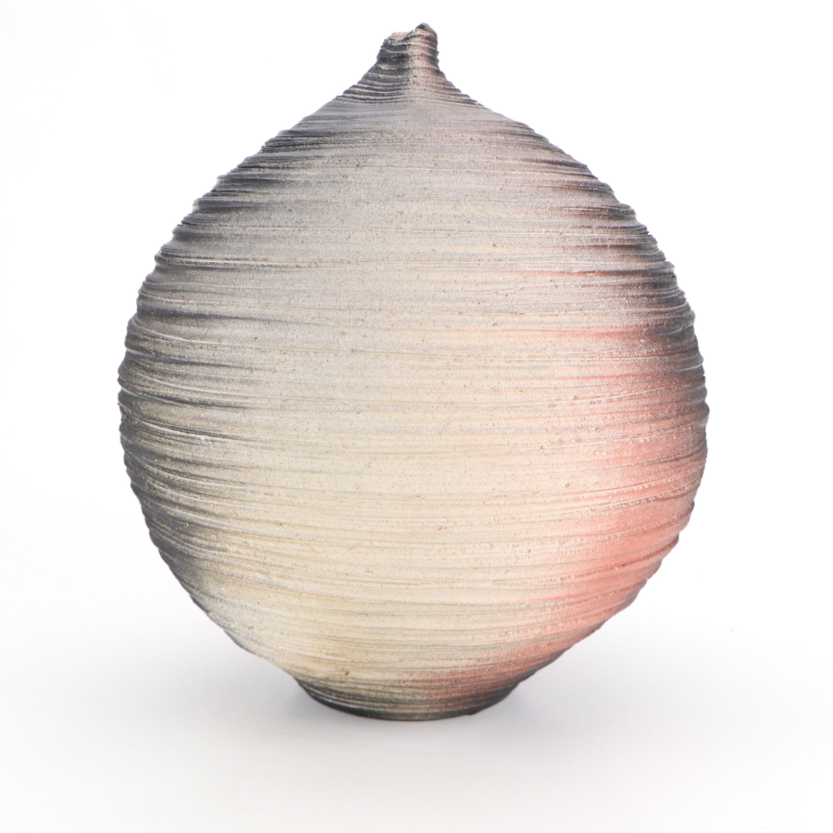 Contemporary Ribbed Art Pottery Orb-Shaped Bottle Vase