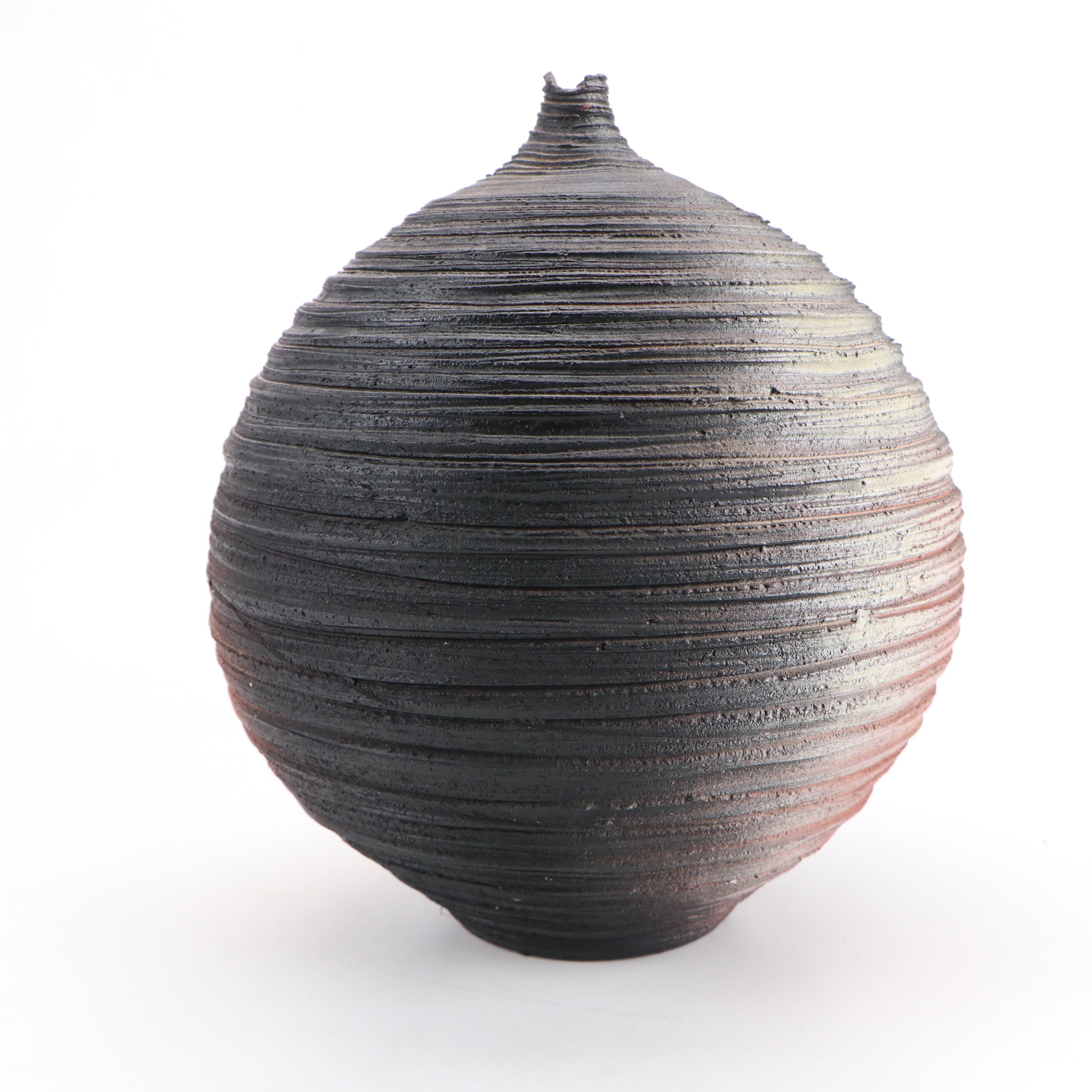 Contemporary Ribbed Art Pottery Orb-Shaped Bottle Vase