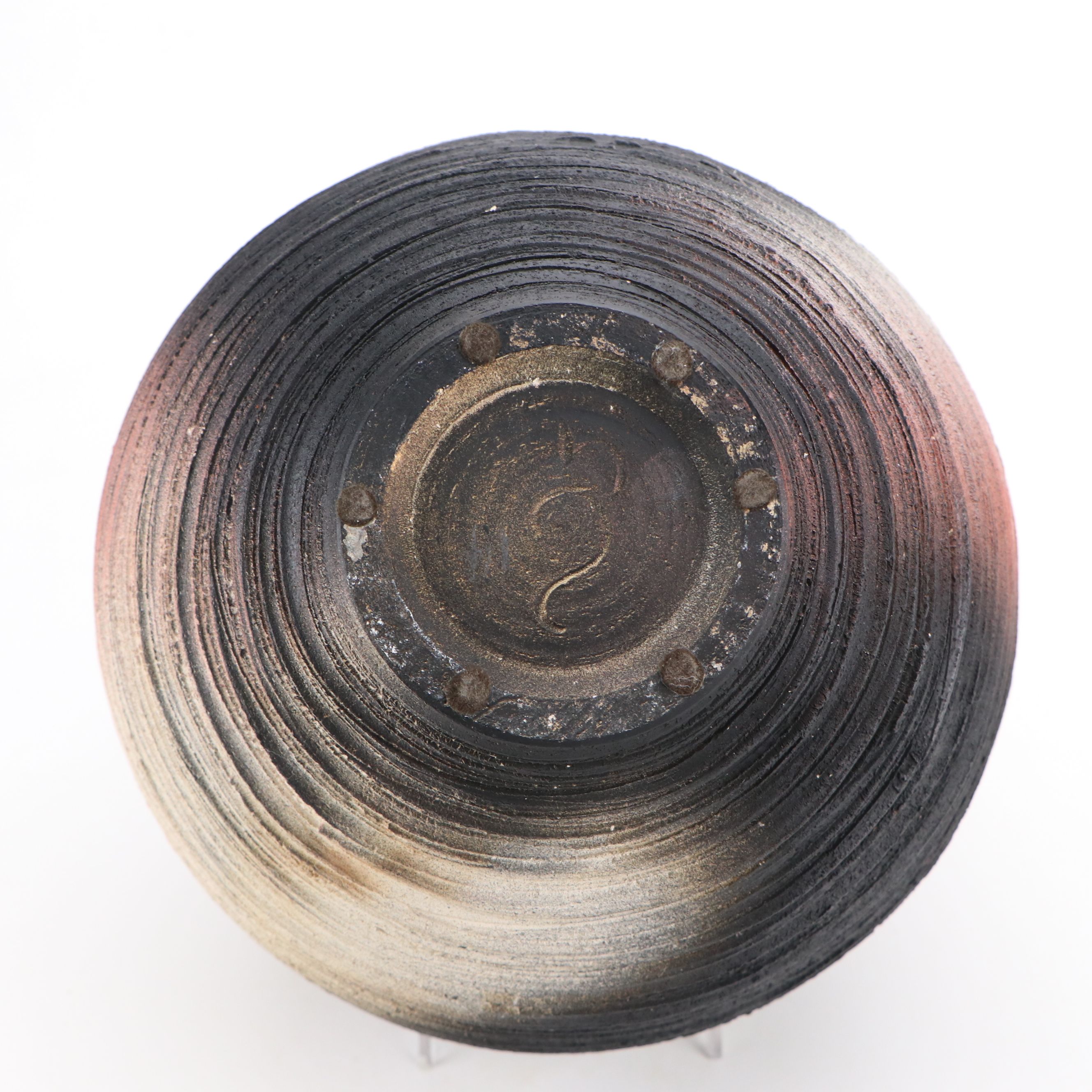 Contemporary Ribbed Art Pottery Orb-Shaped Bottle Vase