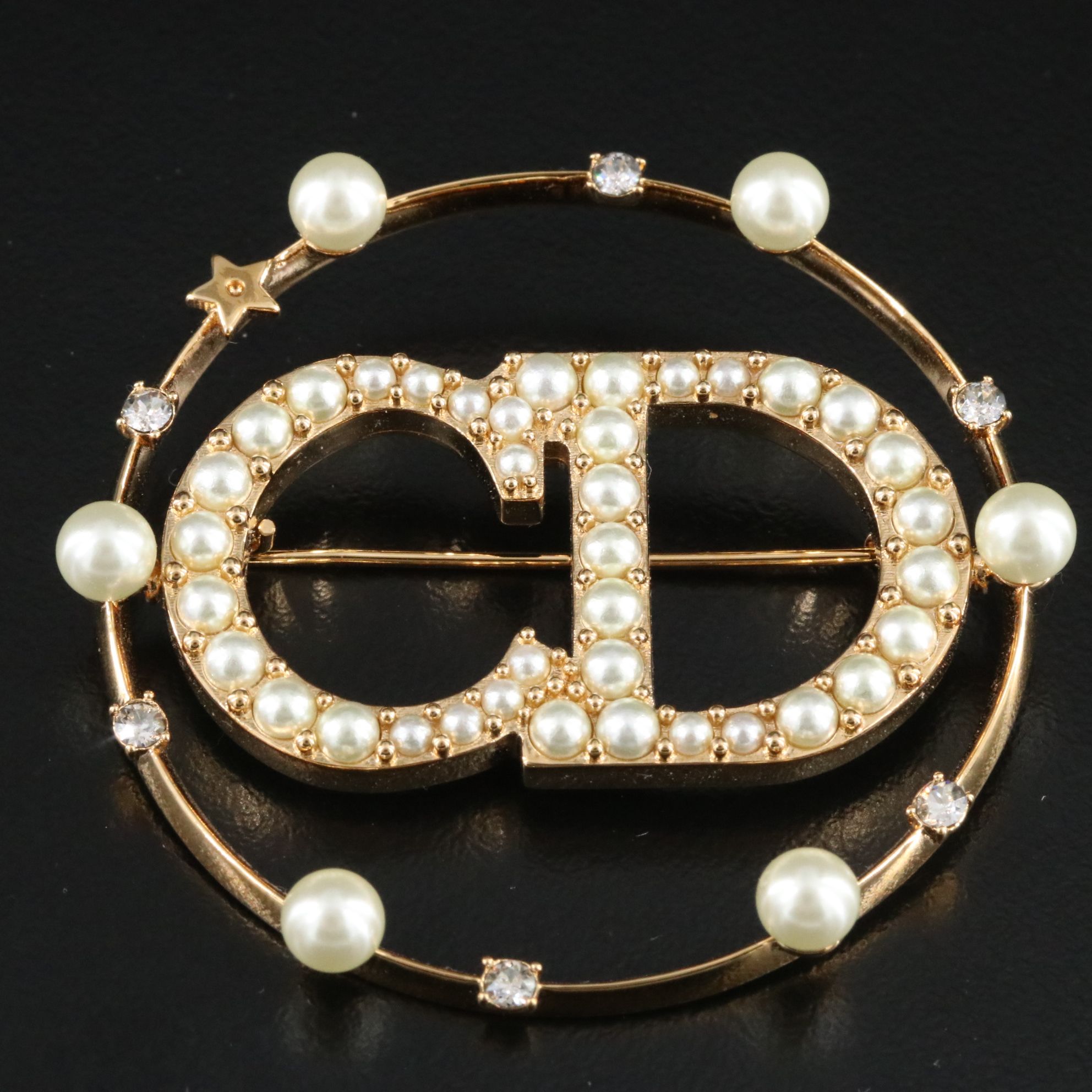 Dior CD Logo Faux Pearl and Crystal Brooch