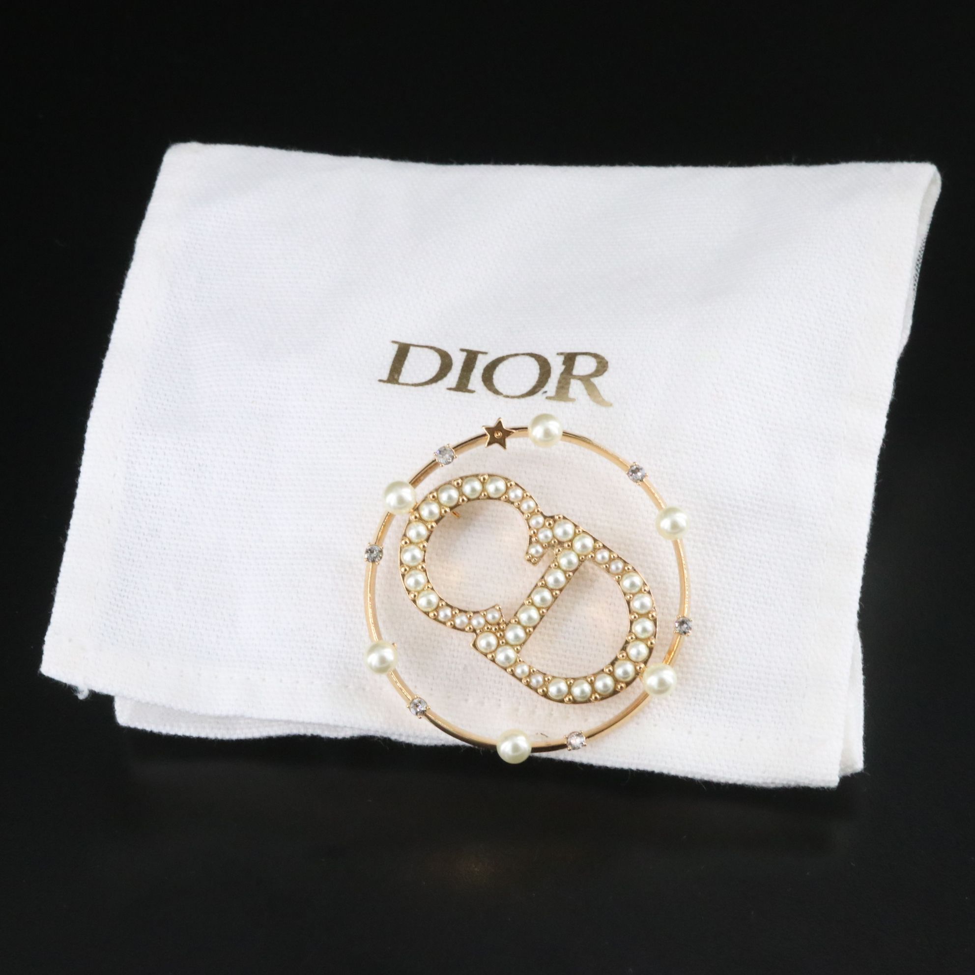 Dior CD Logo Faux Pearl and Crystal Brooch