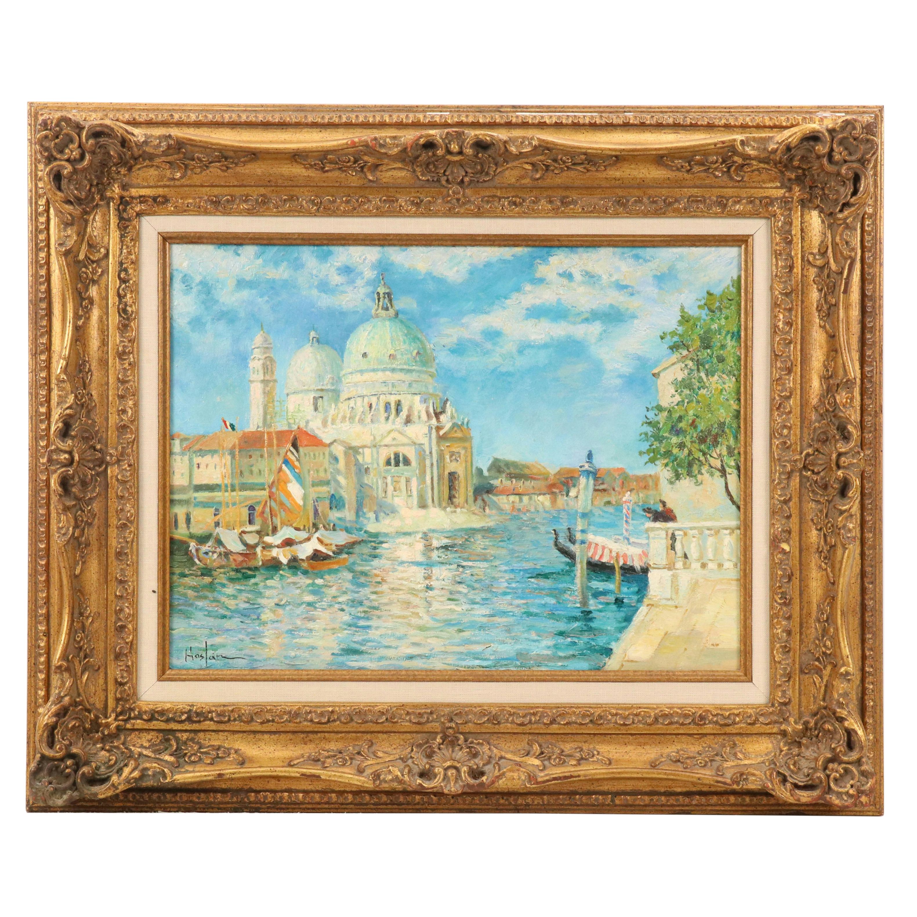 Venetian Canal Oil Painting Depicting Basilica of Santa Maria della Salute