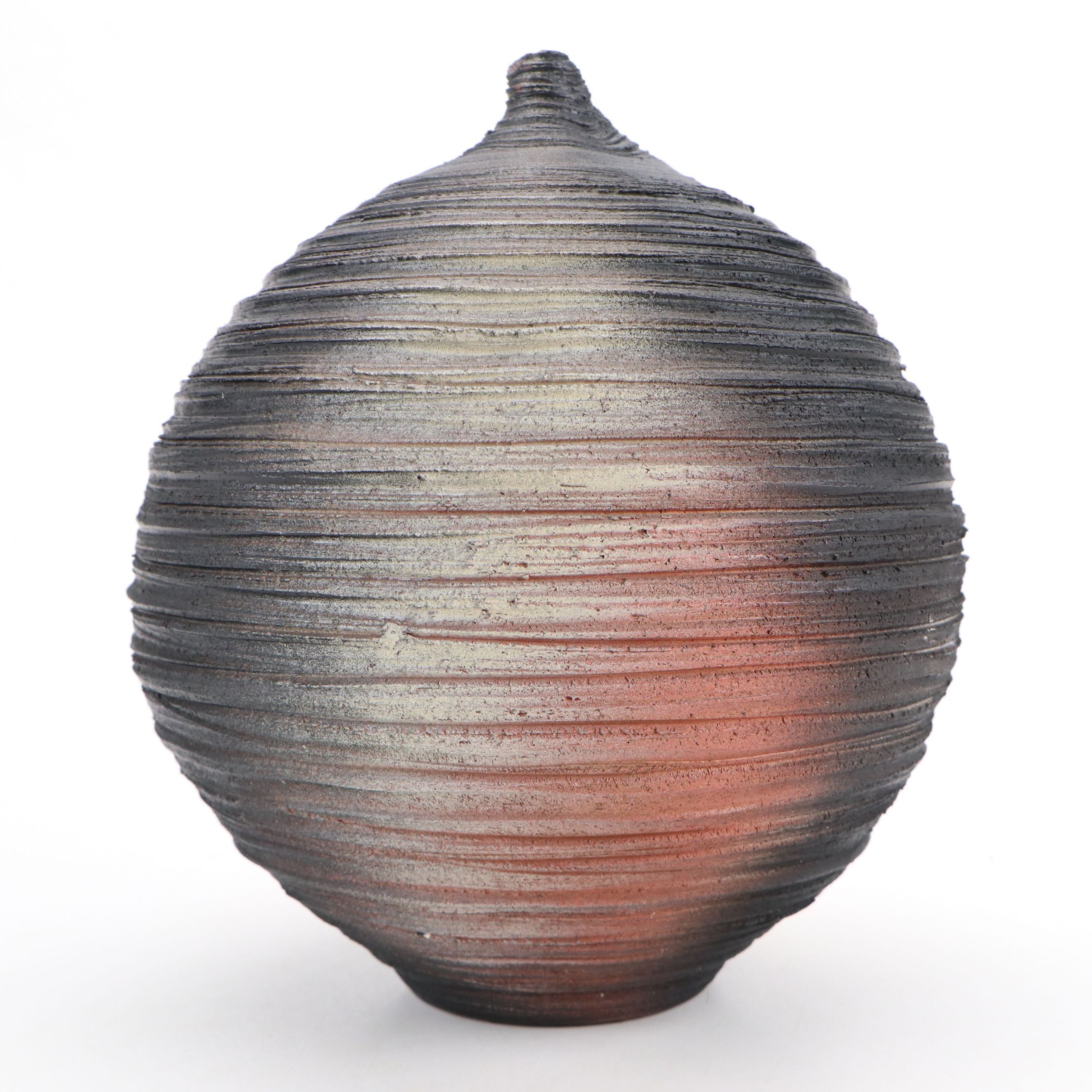 Contemporary Ribbed Art Pottery Orb-Shaped Bottle Vase
