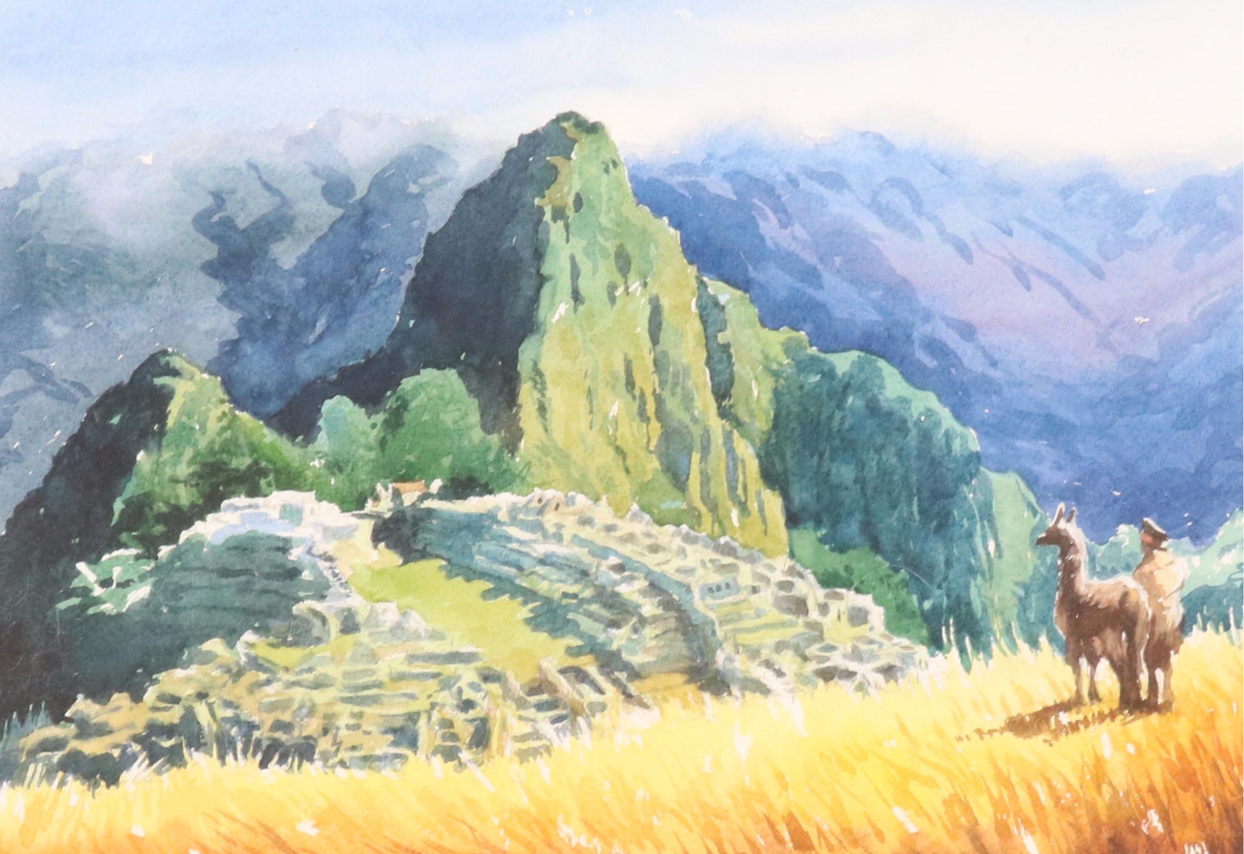 Landscape Watercolor Painting of Machu Picchu, Peru
