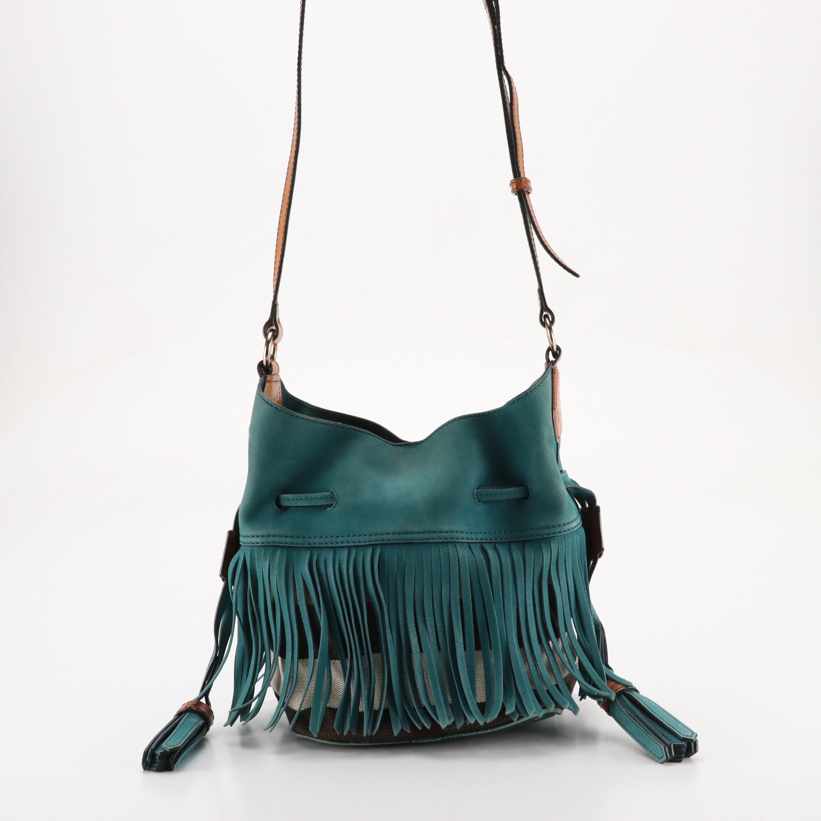Burberry Ashby Belgrove Fringe Crossbody in Teal Leather and Giant Check Canvas
