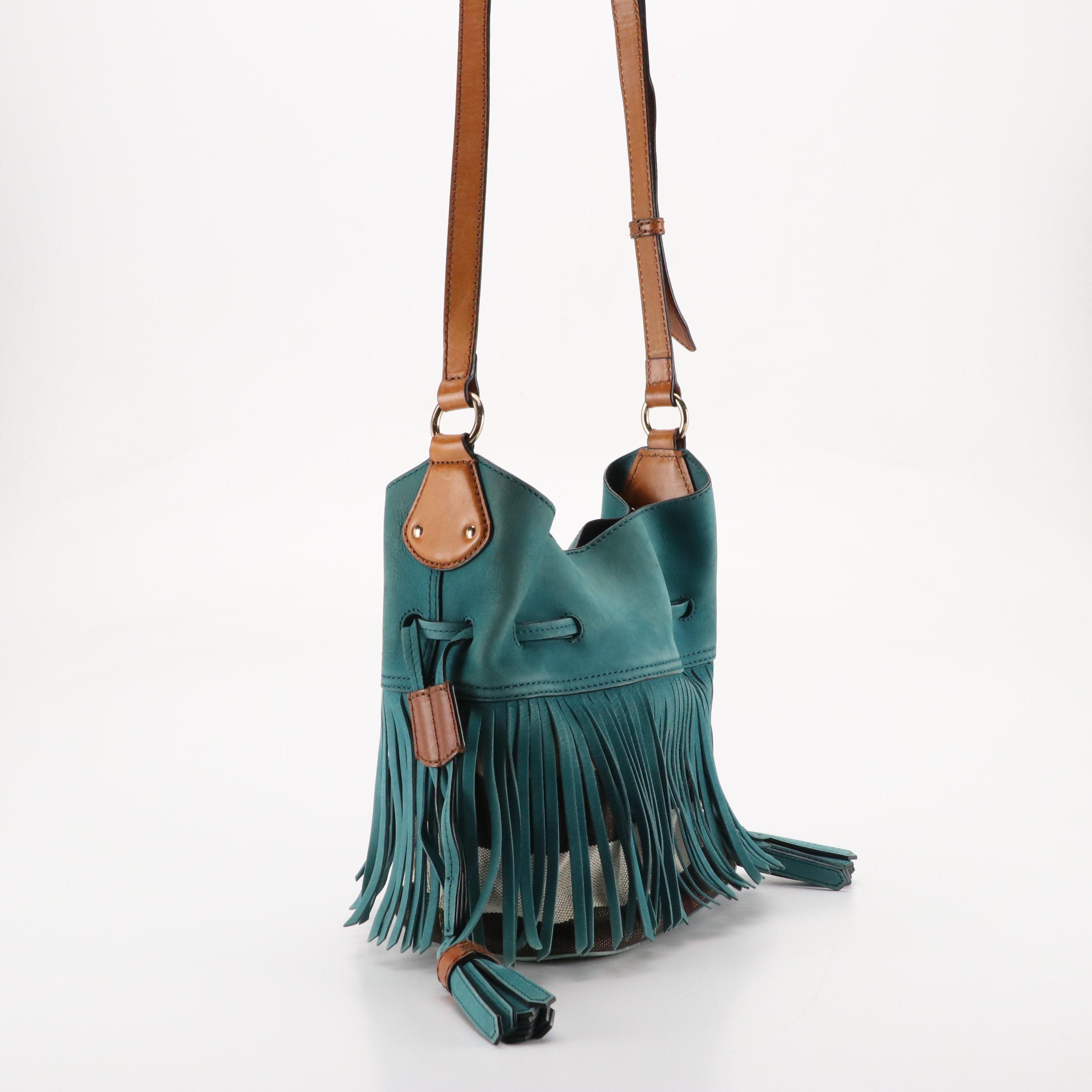 Burberry Ashby Belgrove Fringe Crossbody in Teal Leather and Giant Check Canvas