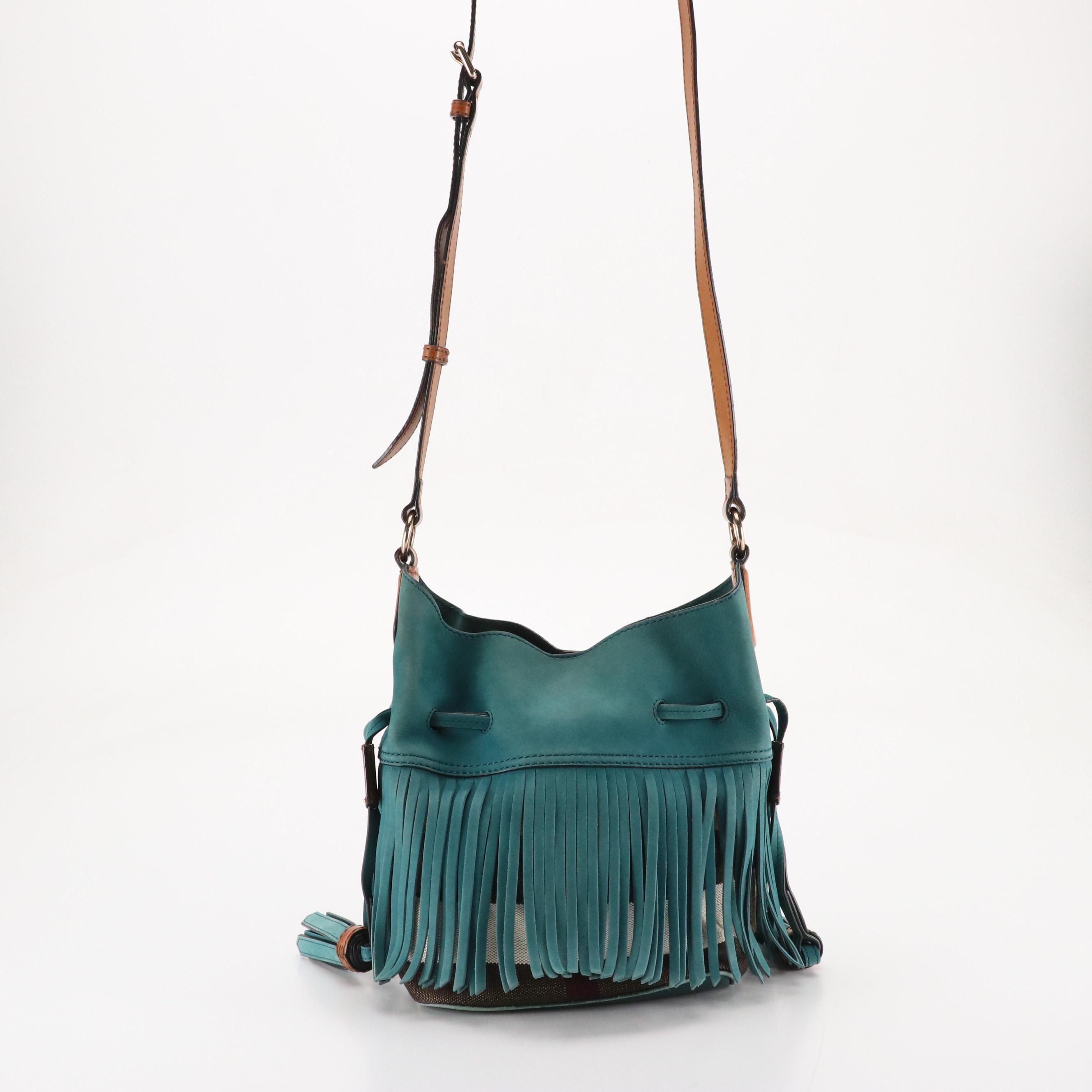 Burberry Ashby Belgrove Fringe Crossbody in Teal Leather and Giant Check Canvas