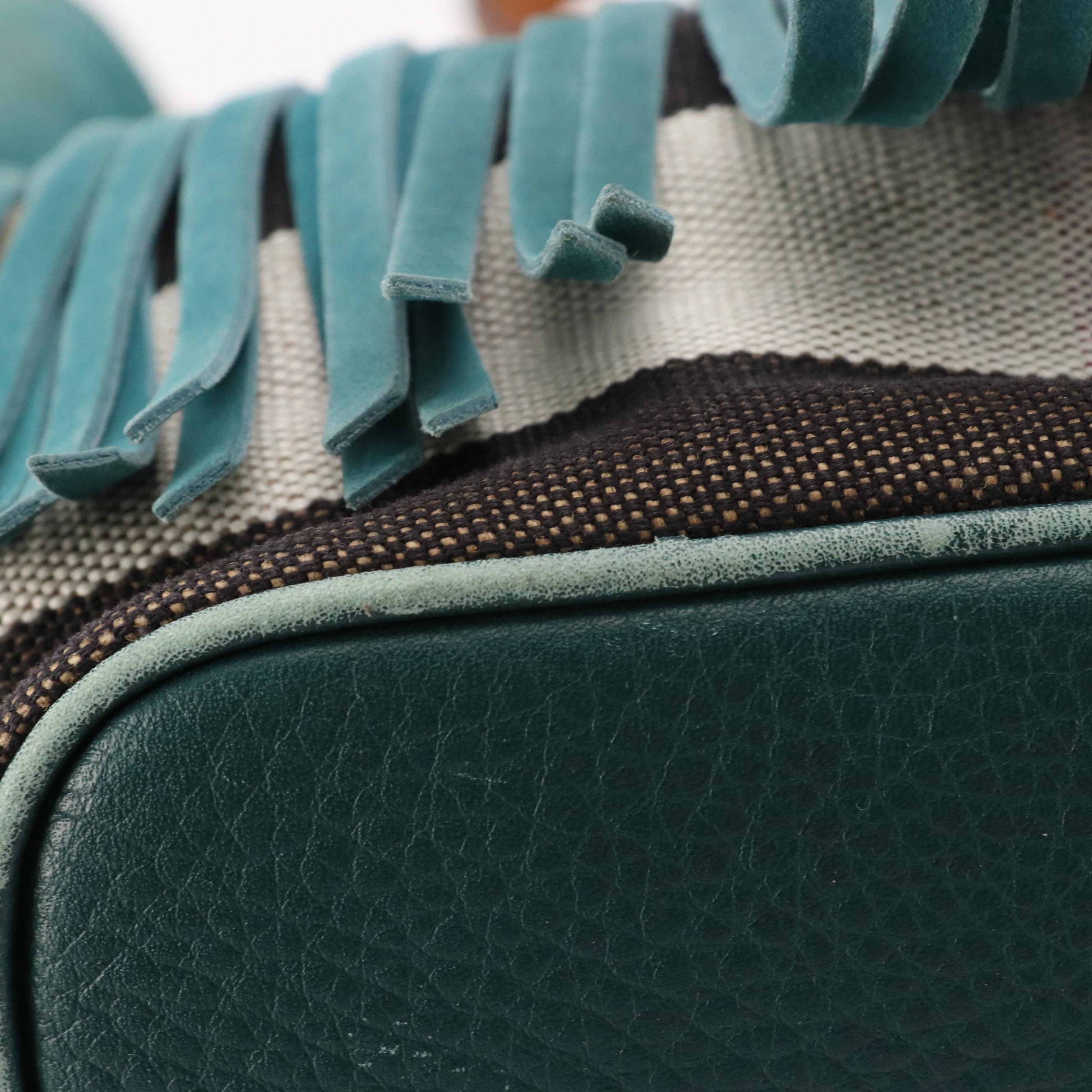 Burberry Ashby Belgrove Fringe Crossbody in Teal Leather and Giant Check Canvas