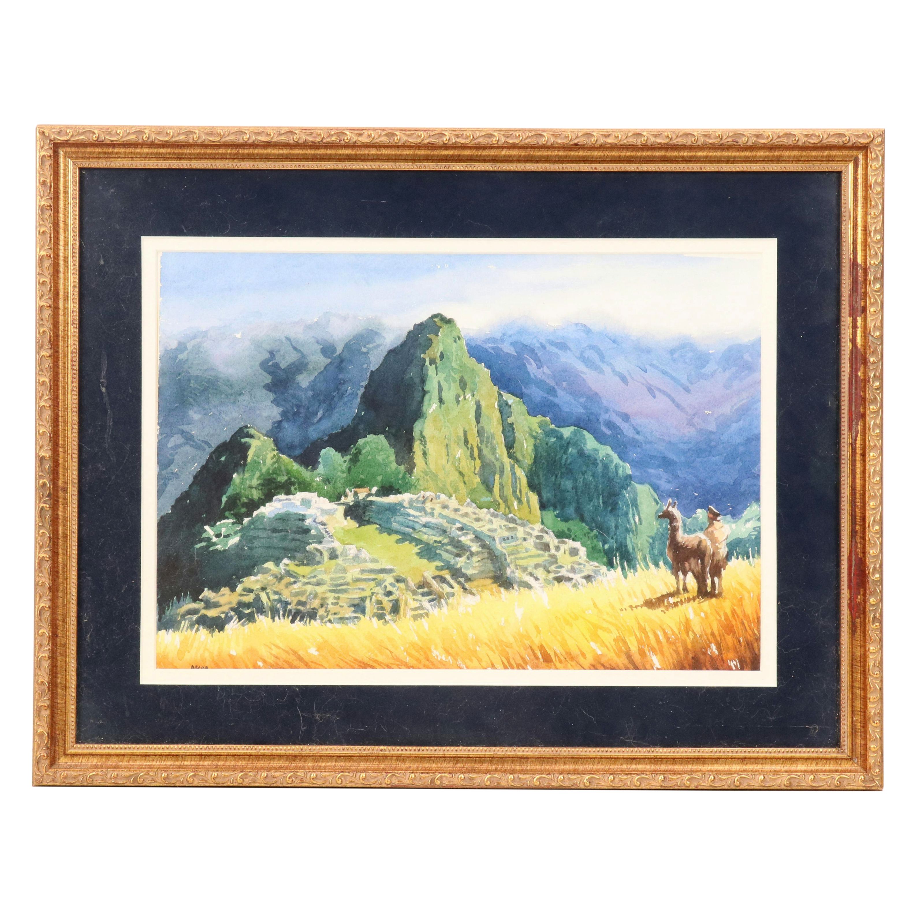 Landscape Watercolor Painting of Machu Picchu, Peru