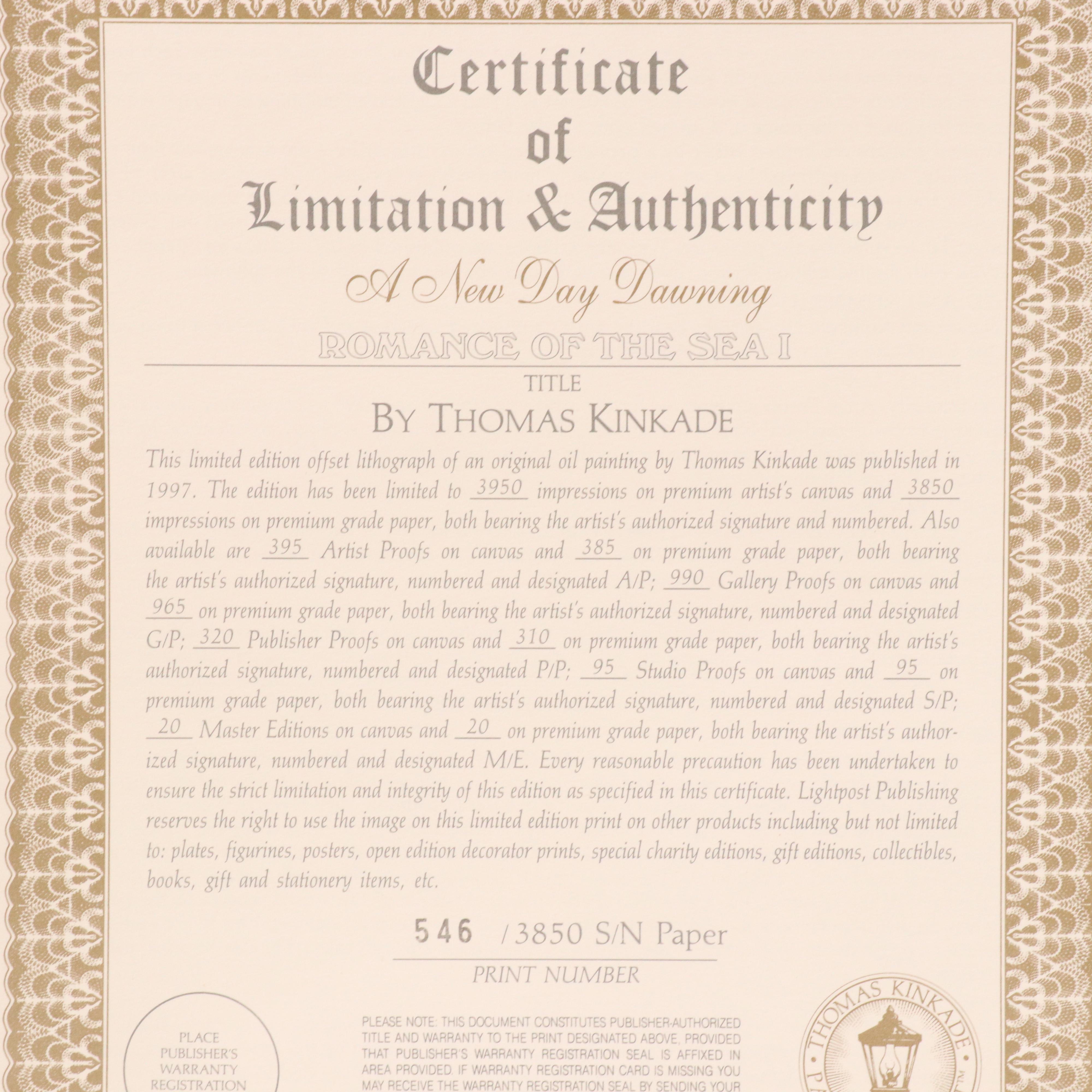 Thomas Kinkade Offset Lithograph "Romance of the Sea I"