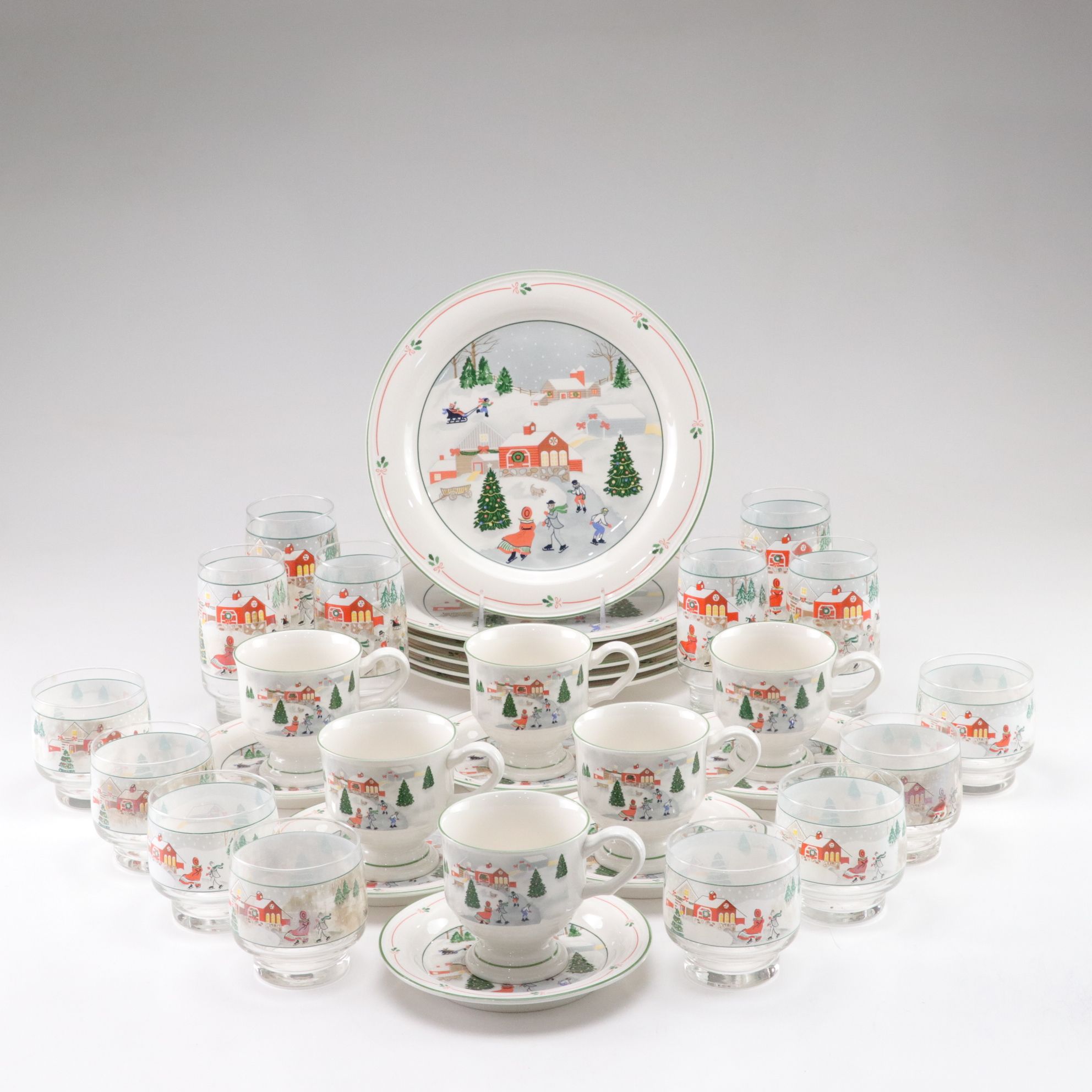 Sango "Silent Night" Christmas Dinnerware Set for Six with Extra Glasses, 1980s