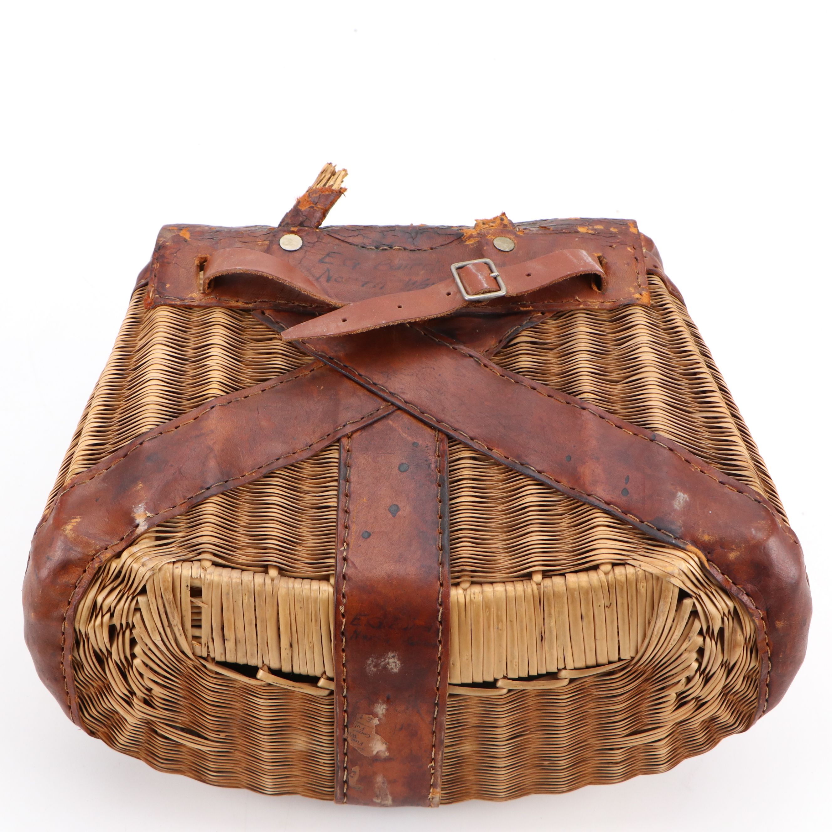 Wicker and Leather Fly Fishing Creel Basket, Early to Mid-20th Century