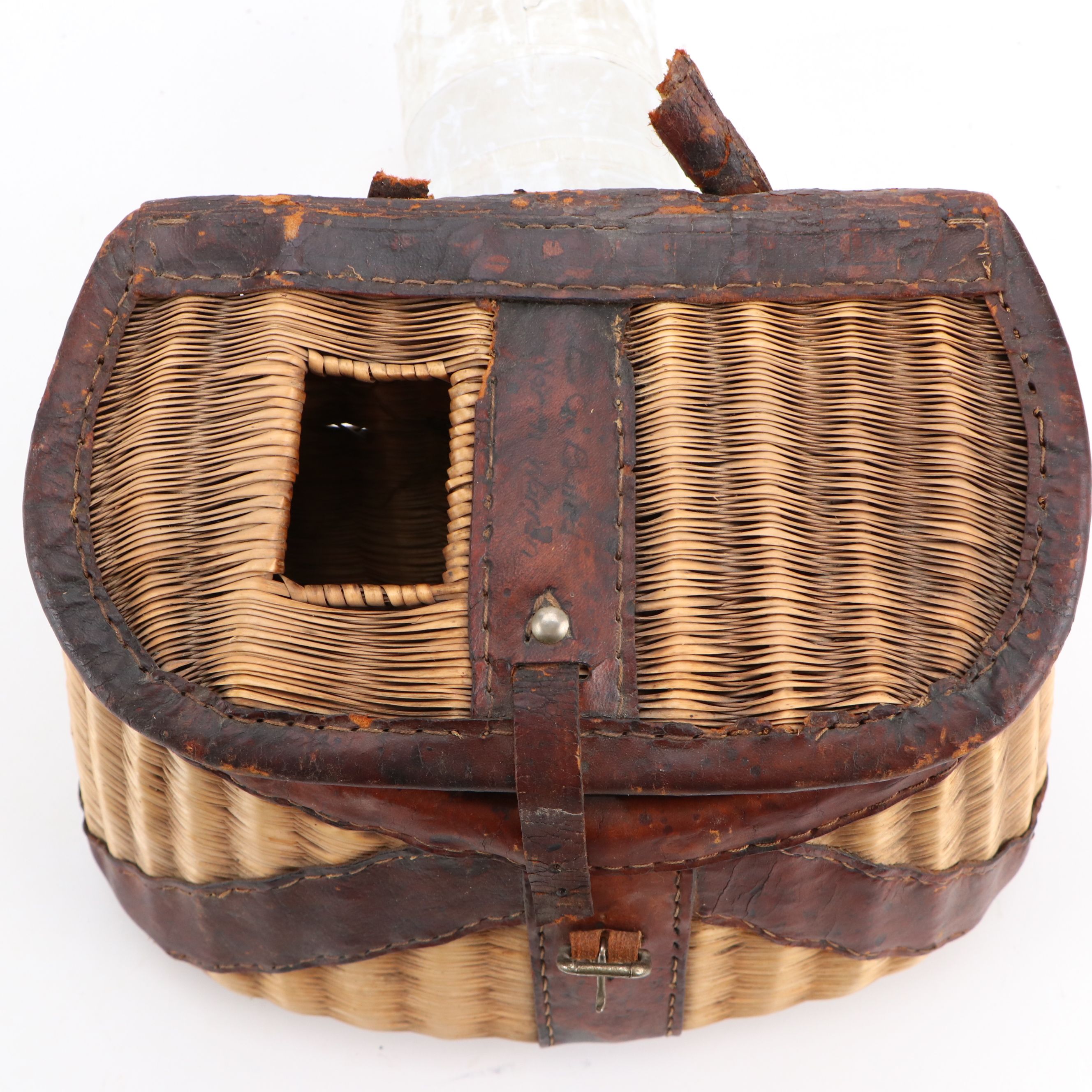 Wicker and Leather Fly Fishing Creel Basket, Early to Mid-20th Century