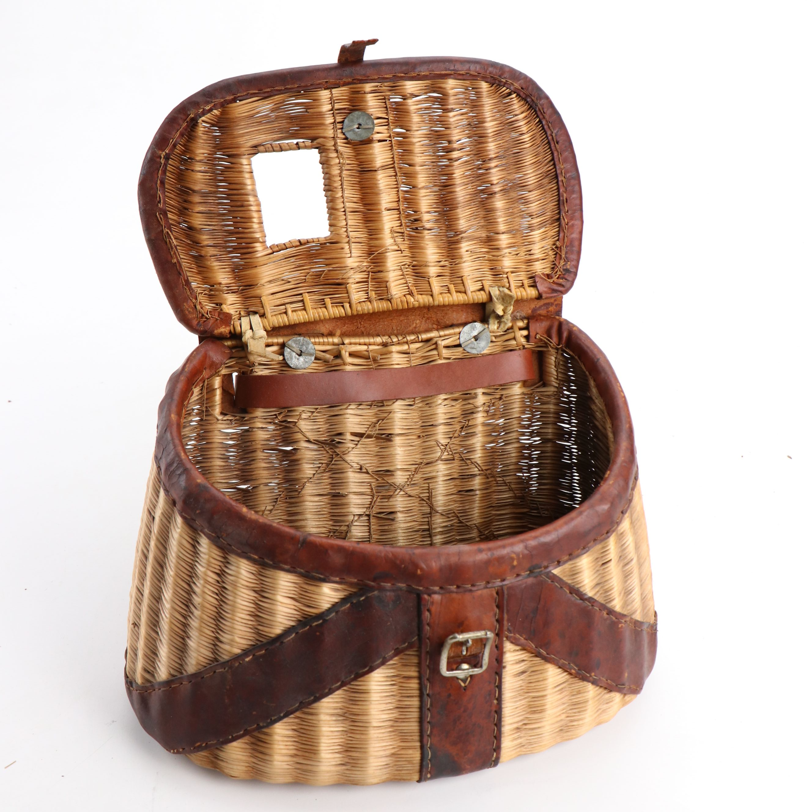 Wicker and Leather Fly Fishing Creel Basket, Early to Mid-20th Century