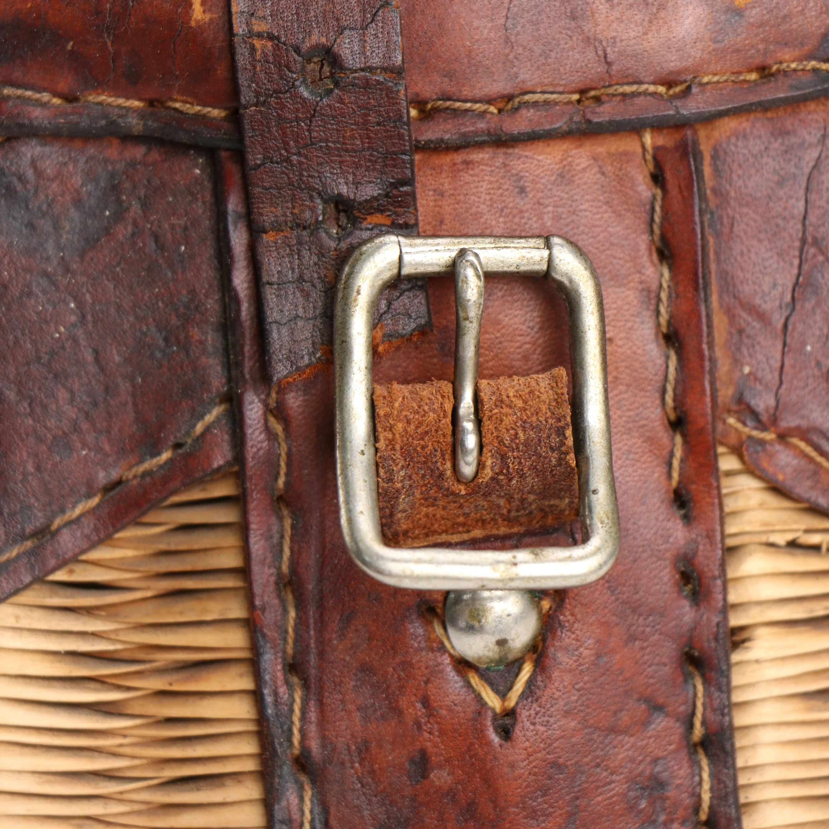 Wicker and Leather Fly Fishing Creel Basket, Early to Mid-20th Century