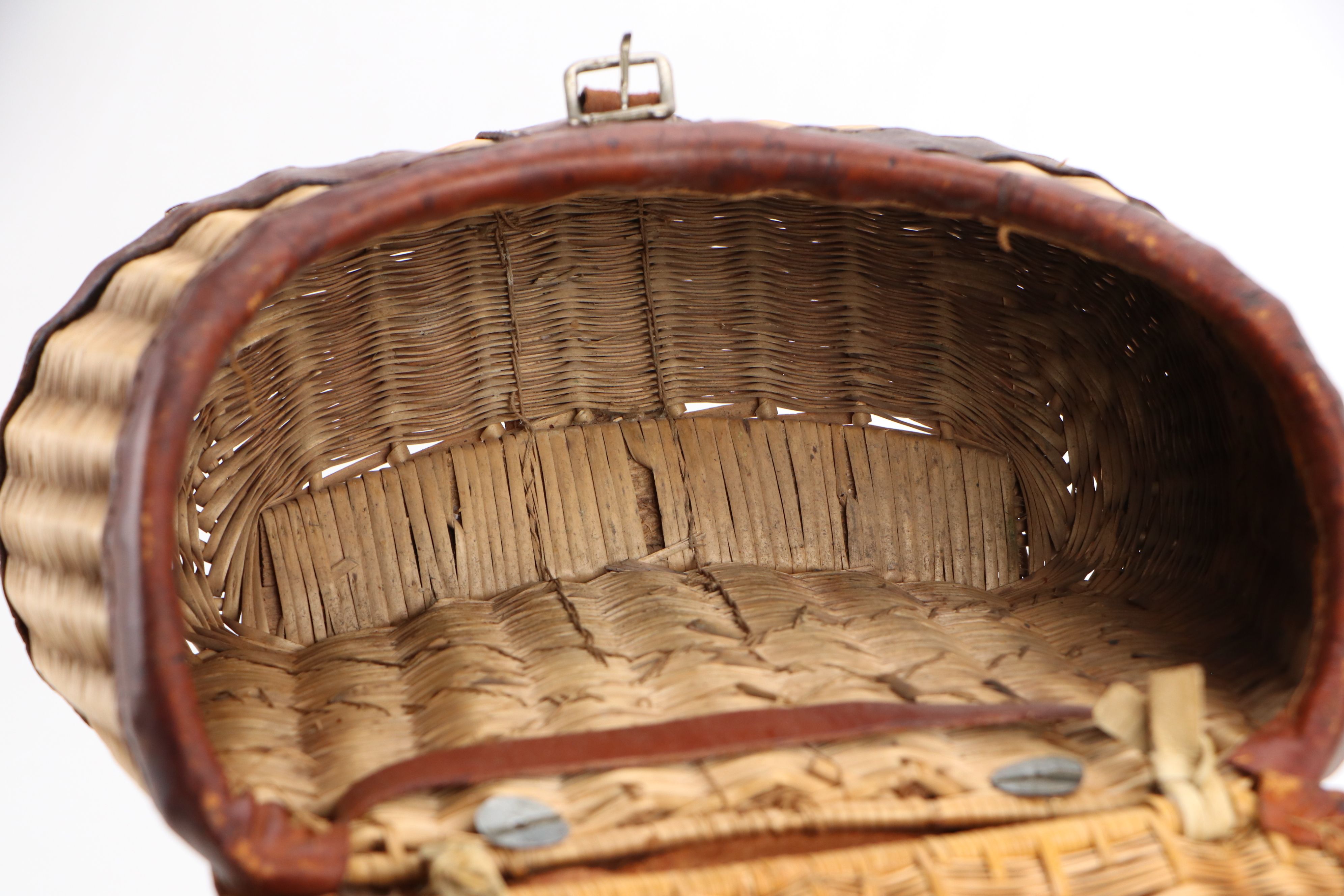 Wicker and Leather Fly Fishing Creel Basket, Early to Mid-20th Century