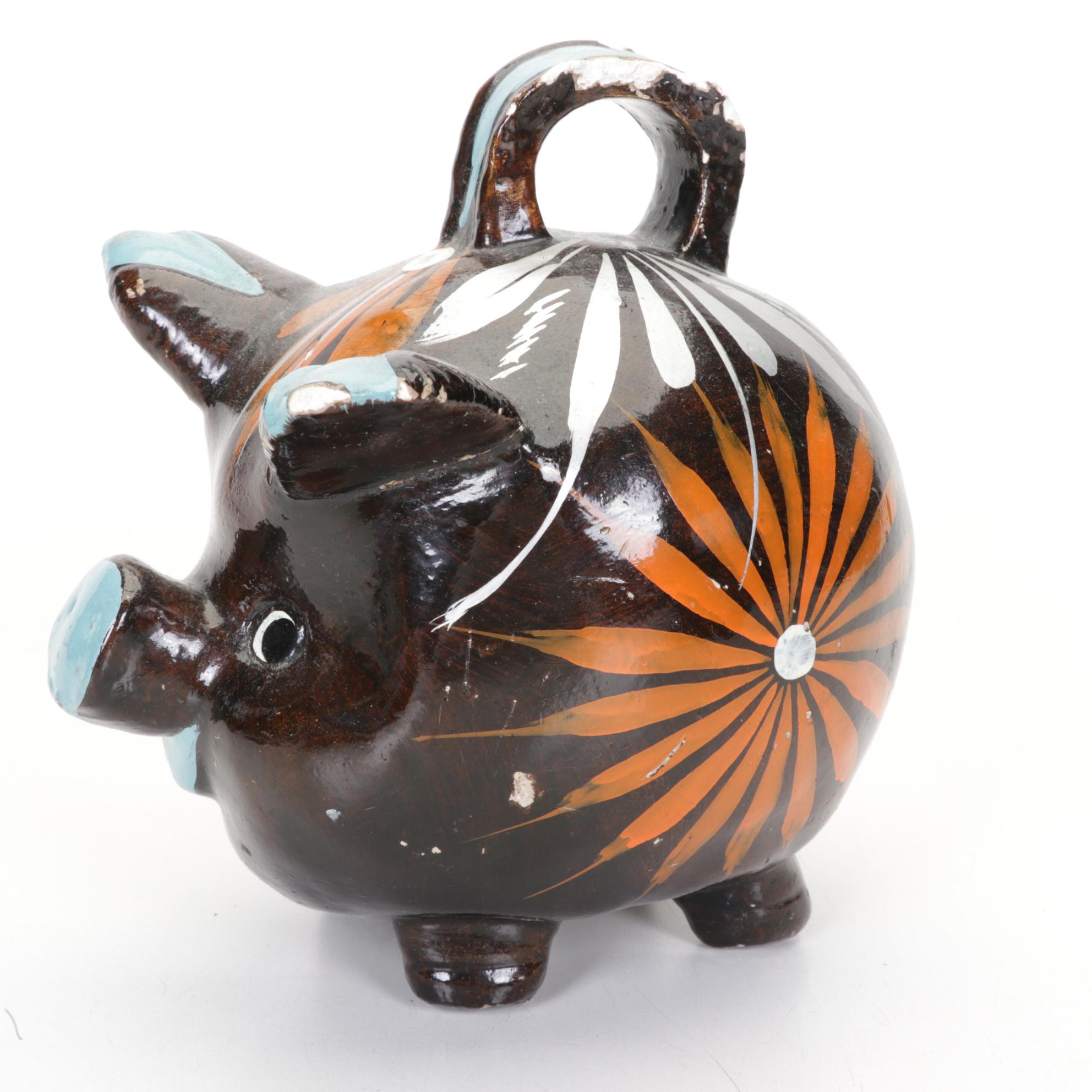 Mexican Chalkware Smasher Pig Bank With Two Small Wooden Jewelry Boxes