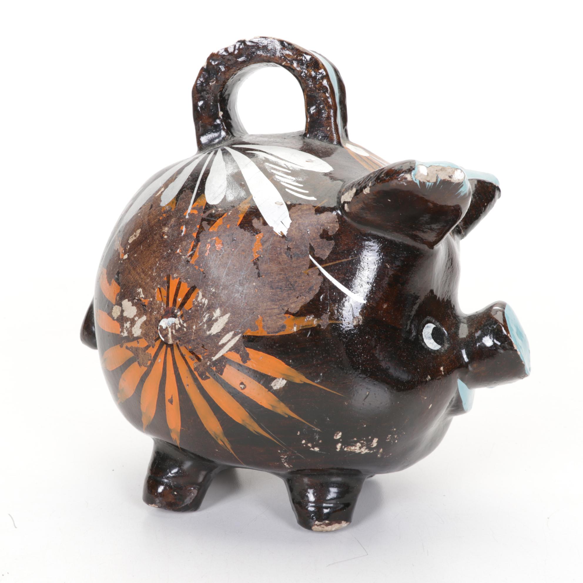 Mexican Chalkware Smasher Pig Bank With Two Small Wooden Jewelry Boxes