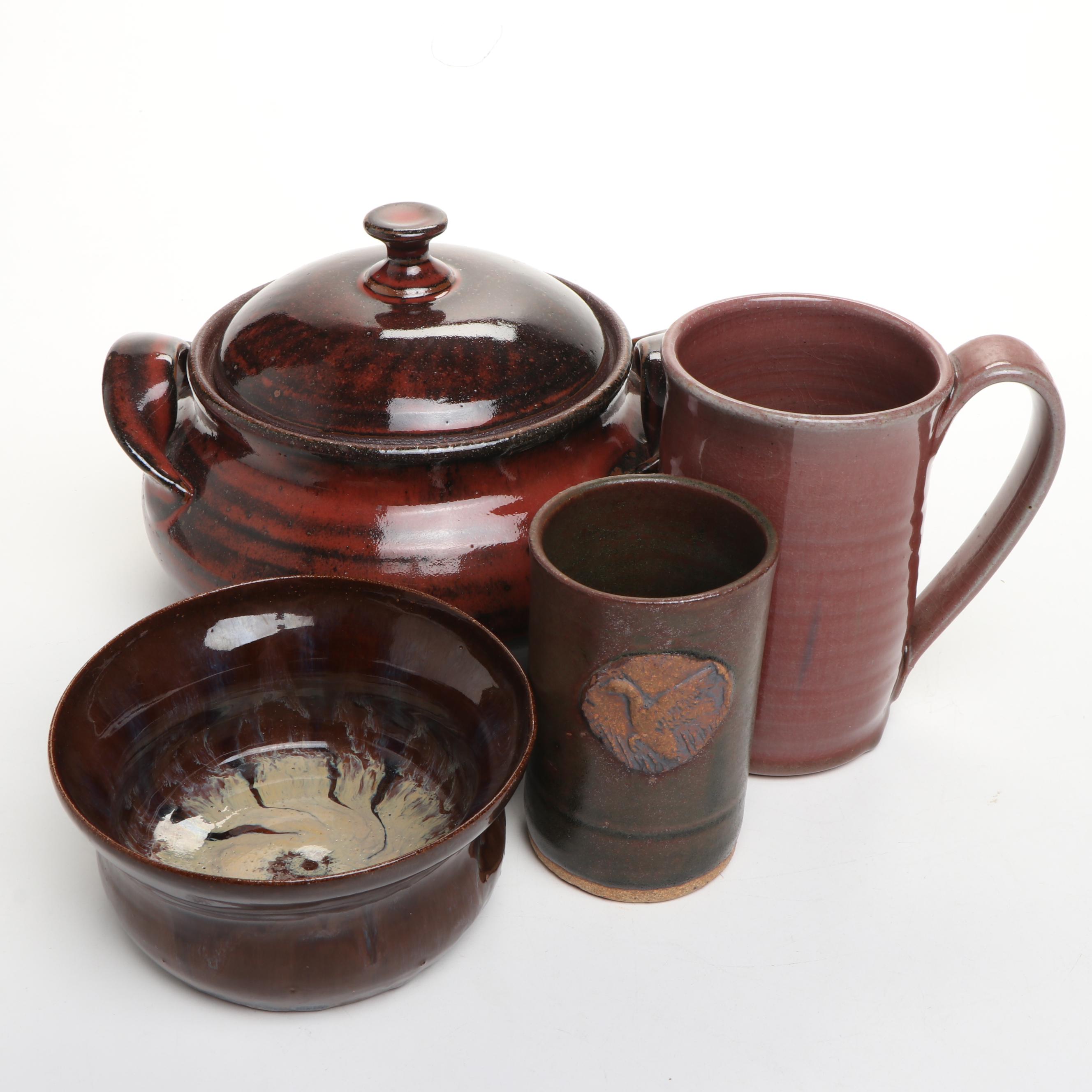Artist Signed Art Pottery Lidded Dish, Bowl, and Mugs