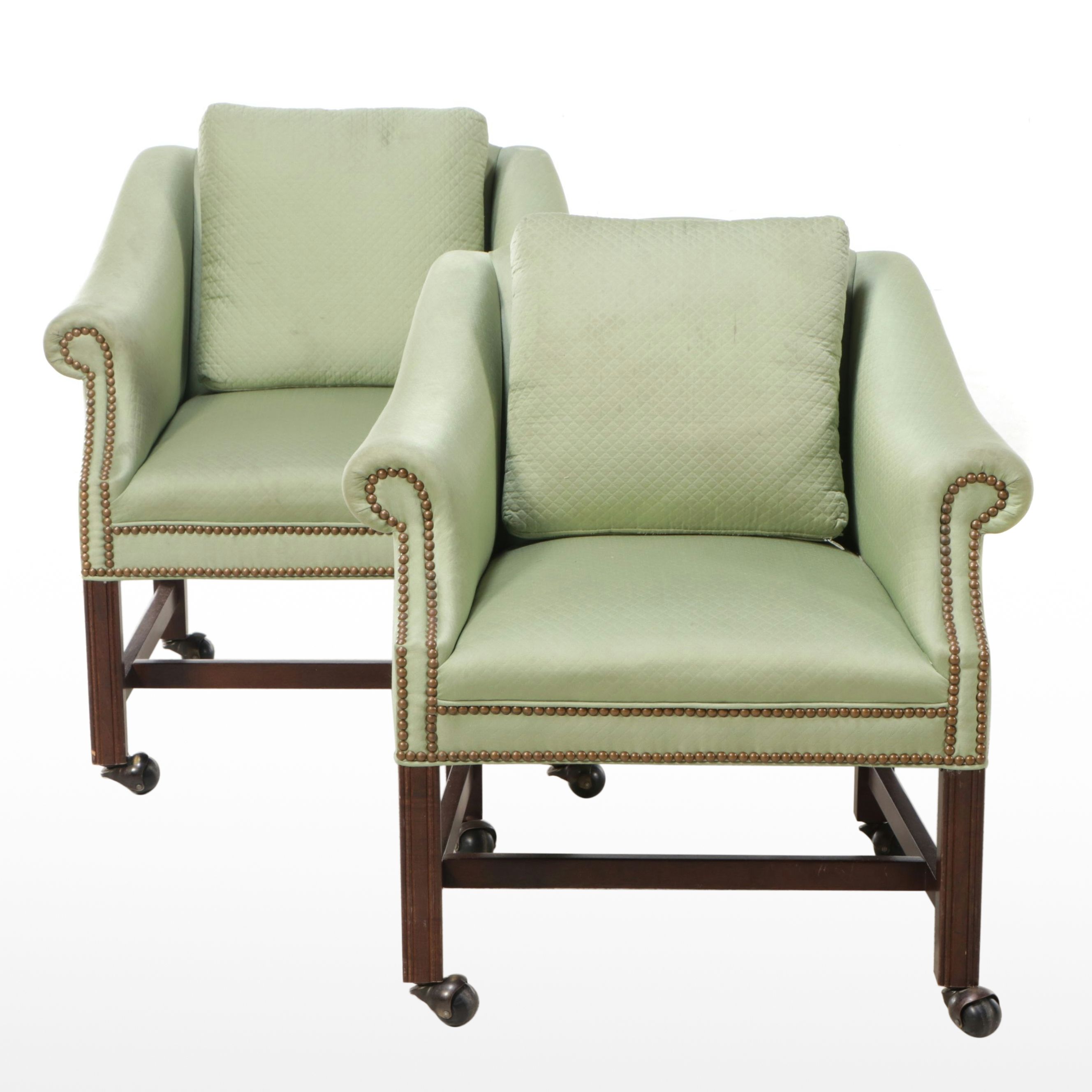 Pair of Chippendale Style Custom Upholstered Armchairs on Casters, Late 20th C.