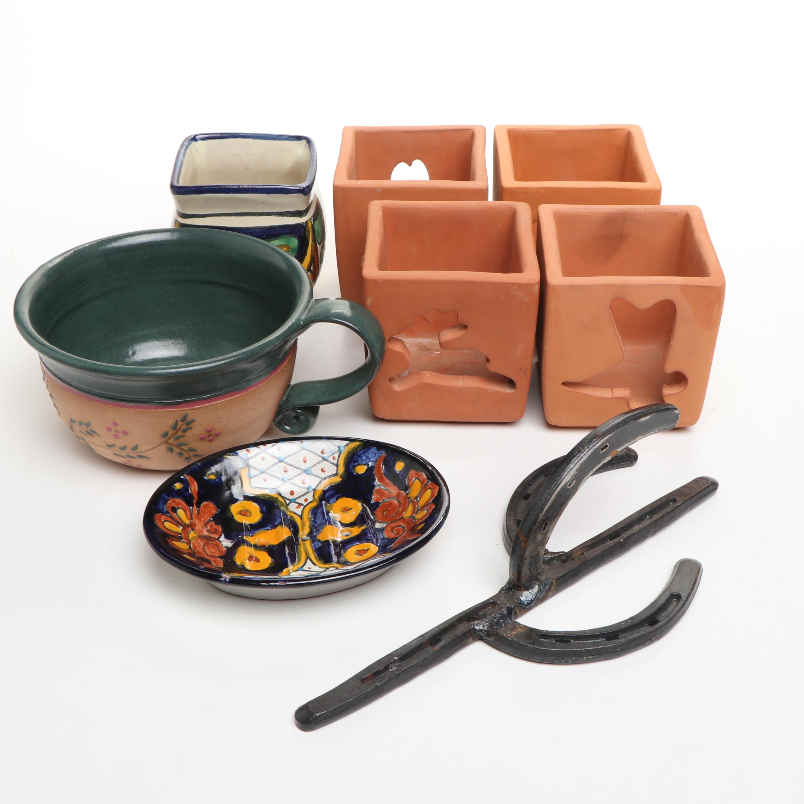 St. Croix Forge Iron Cactus with Artist Signed Ceramic Bowl and More Art Pottery