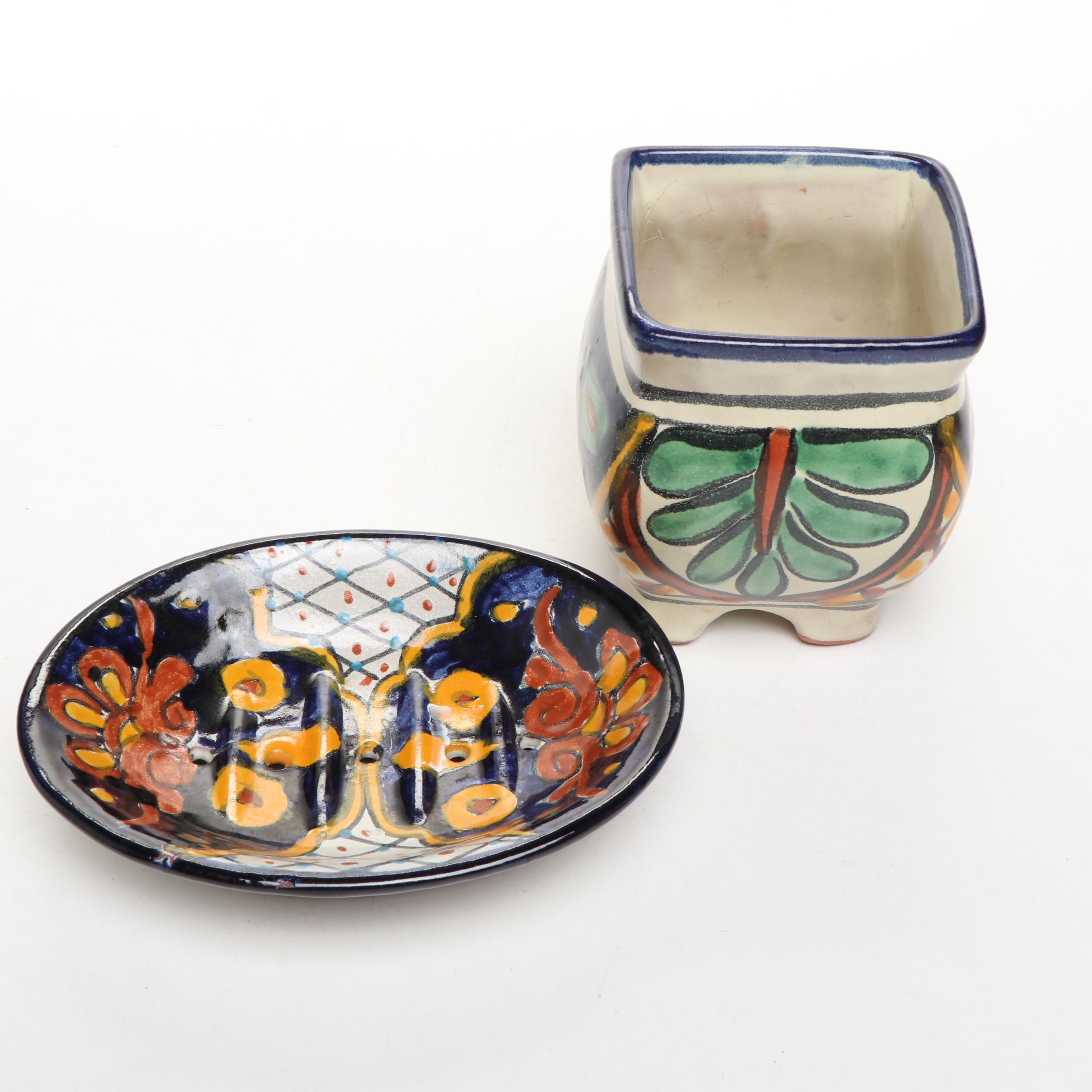 St. Croix Forge Iron Cactus with Artist Signed Ceramic Bowl and More Art Pottery