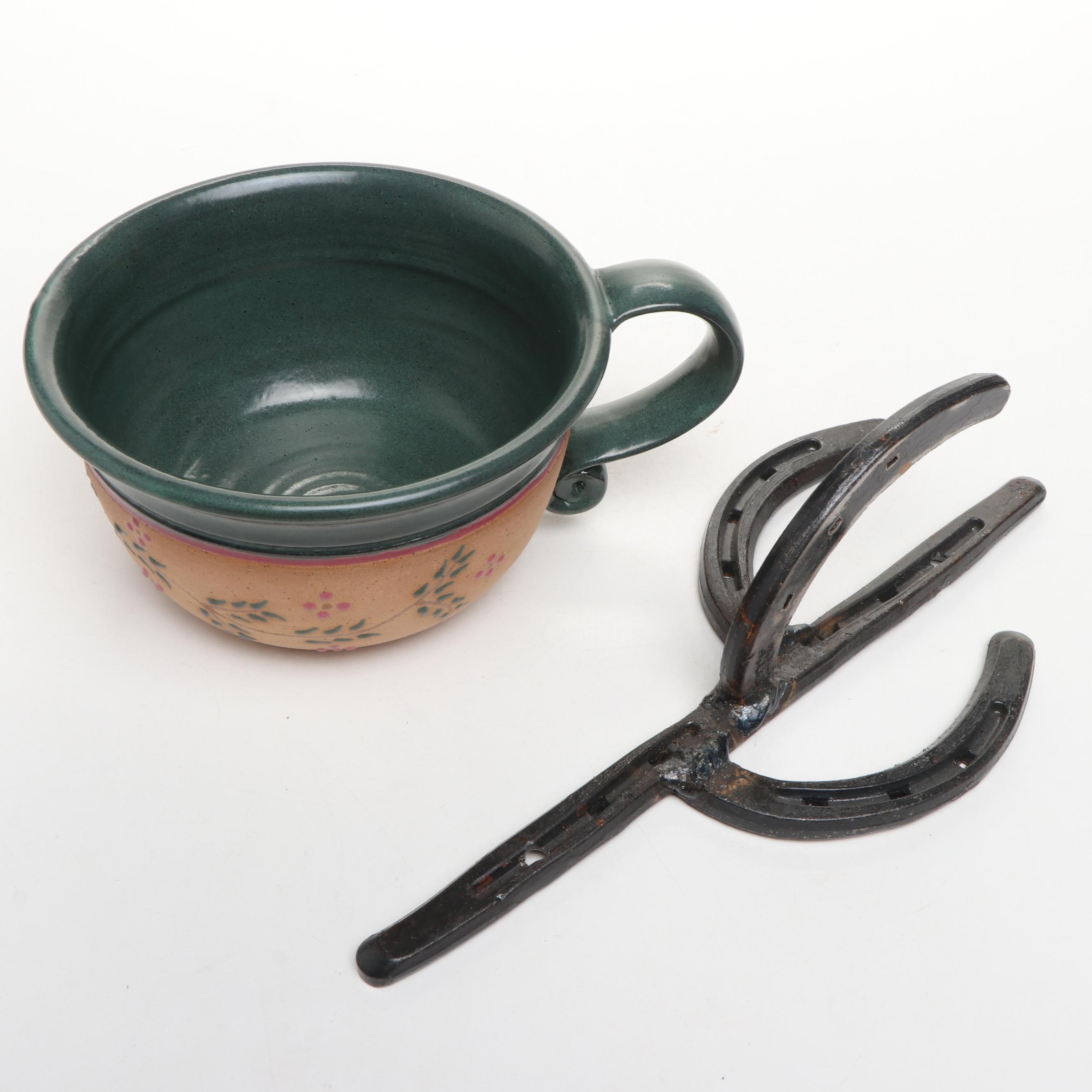 St. Croix Forge Iron Cactus with Artist Signed Ceramic Bowl and More Art Pottery