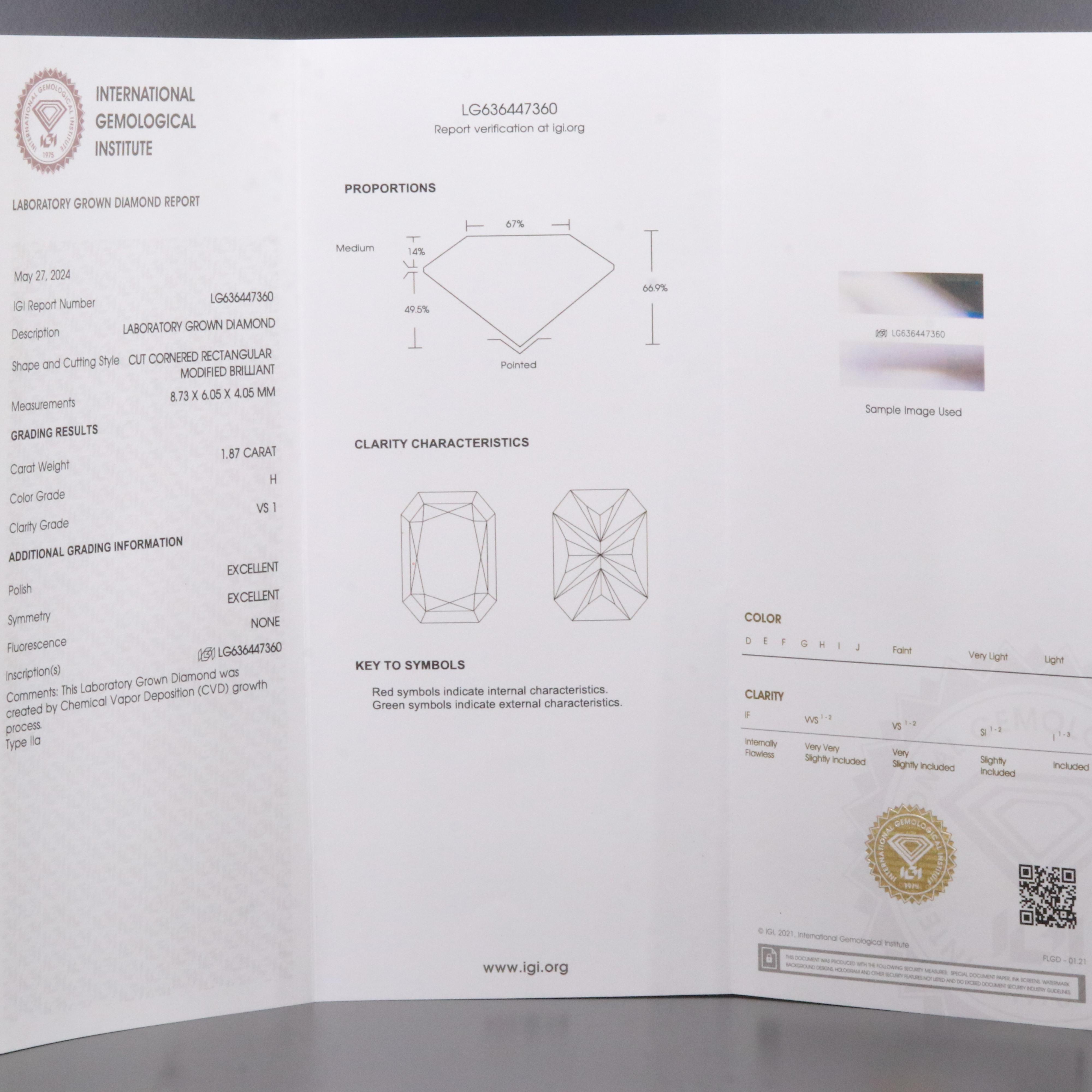 Loose 1.87 CT Lab Grown Diamond with IGI Report
