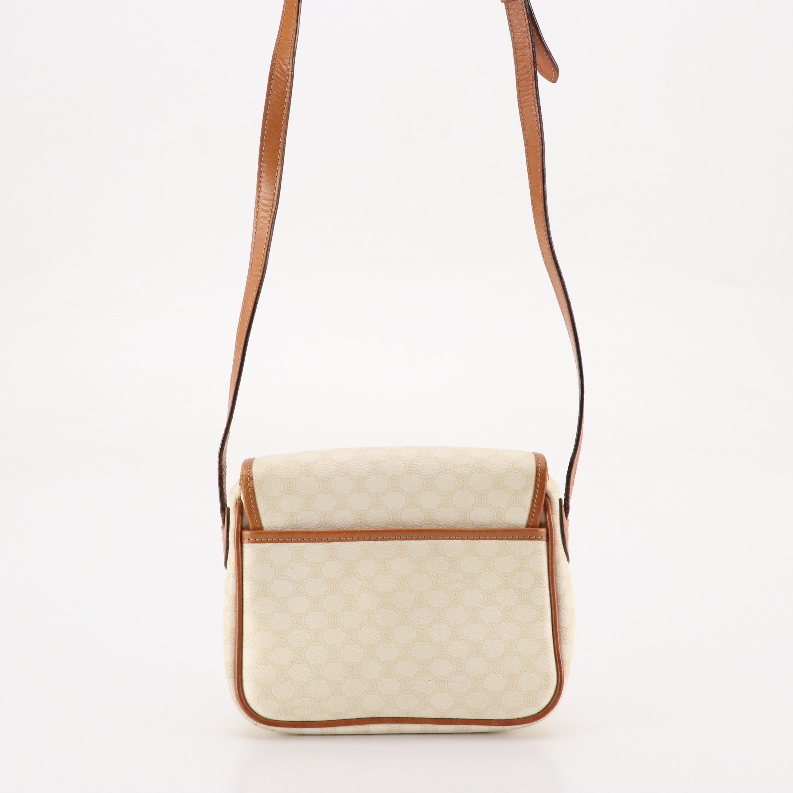 Celine Small Front Flap Crossbody Bag in White Macadam Canvas and Leather Trim