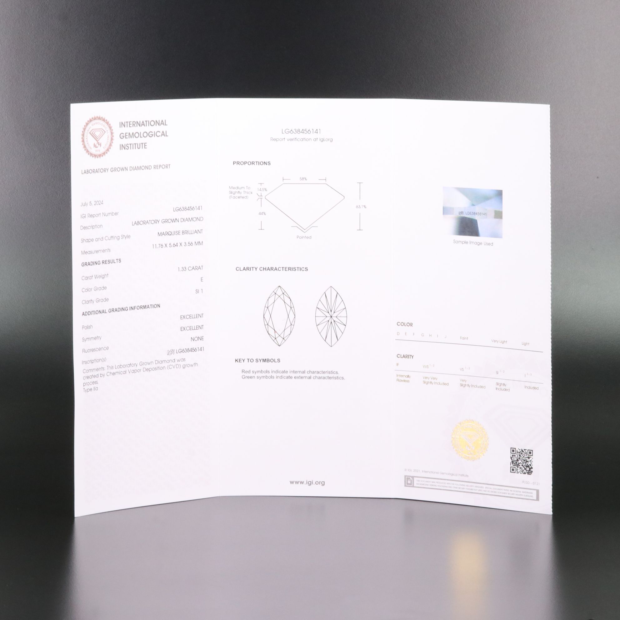 Loose 1.33 CT Lab Grown Diamond with IGI Report