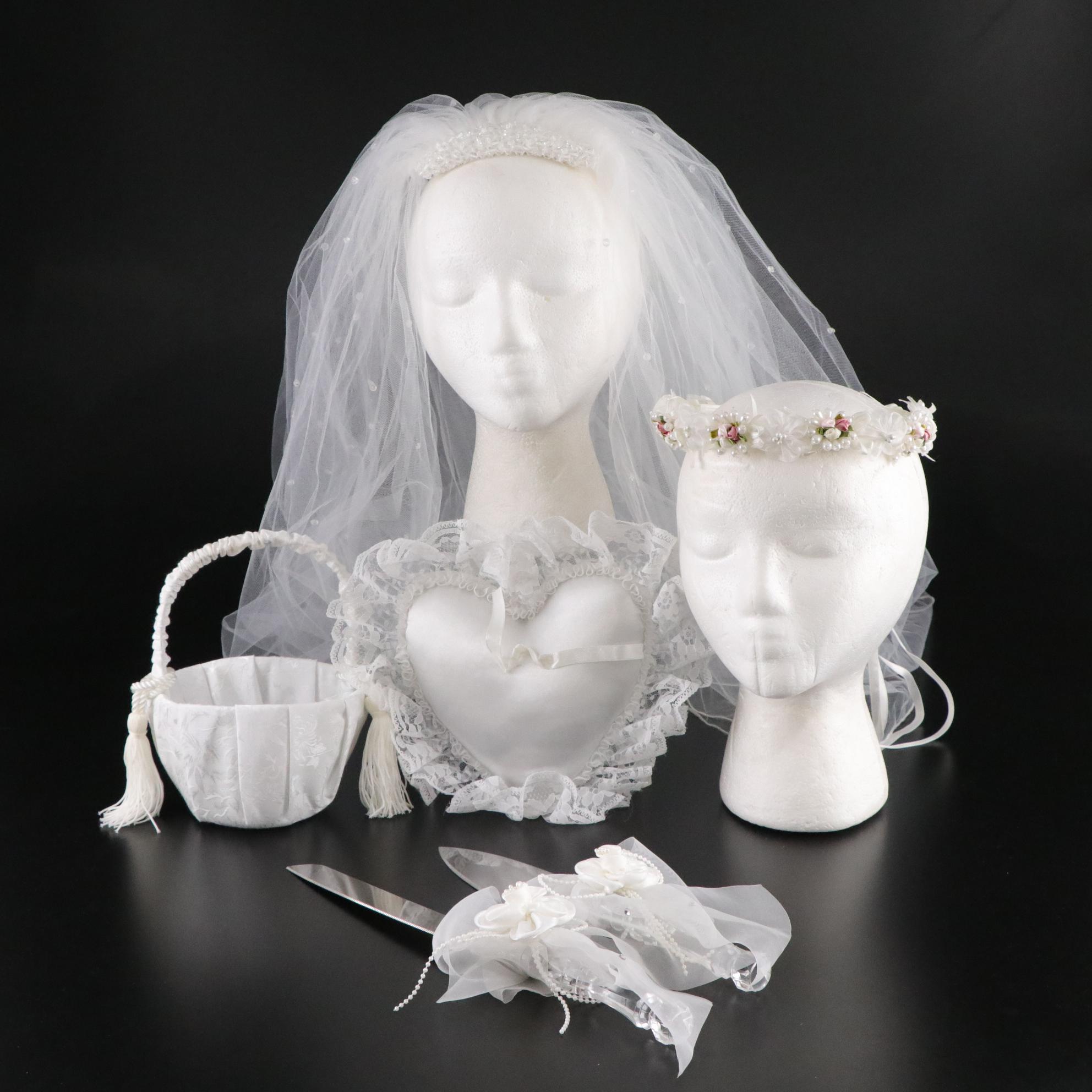 Bridal Headpiece with Veil, Ring Pillow, Petal Basket and Wedding Cake Servers