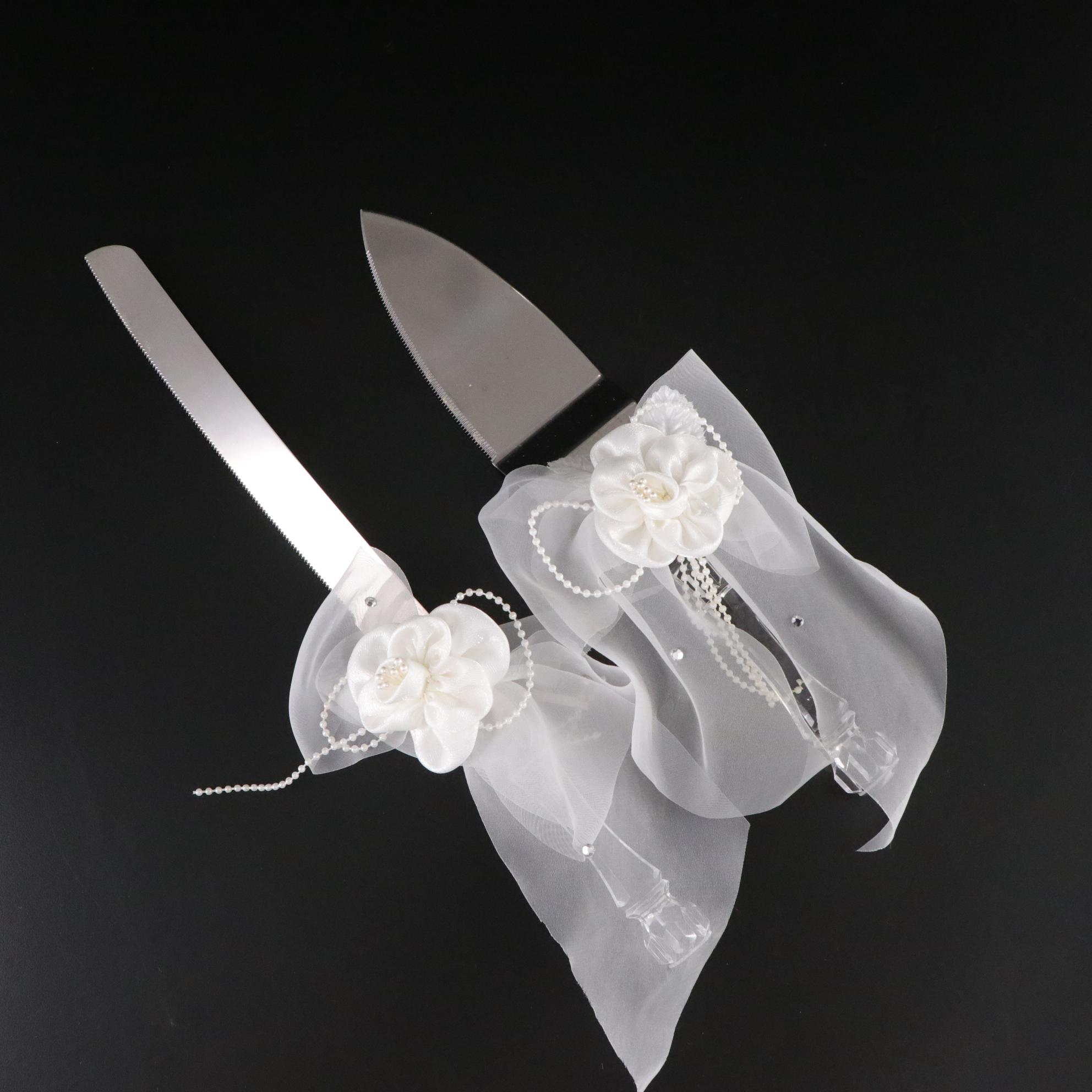Bridal Headpiece with Veil, Ring Pillow, Petal Basket and Wedding Cake Servers