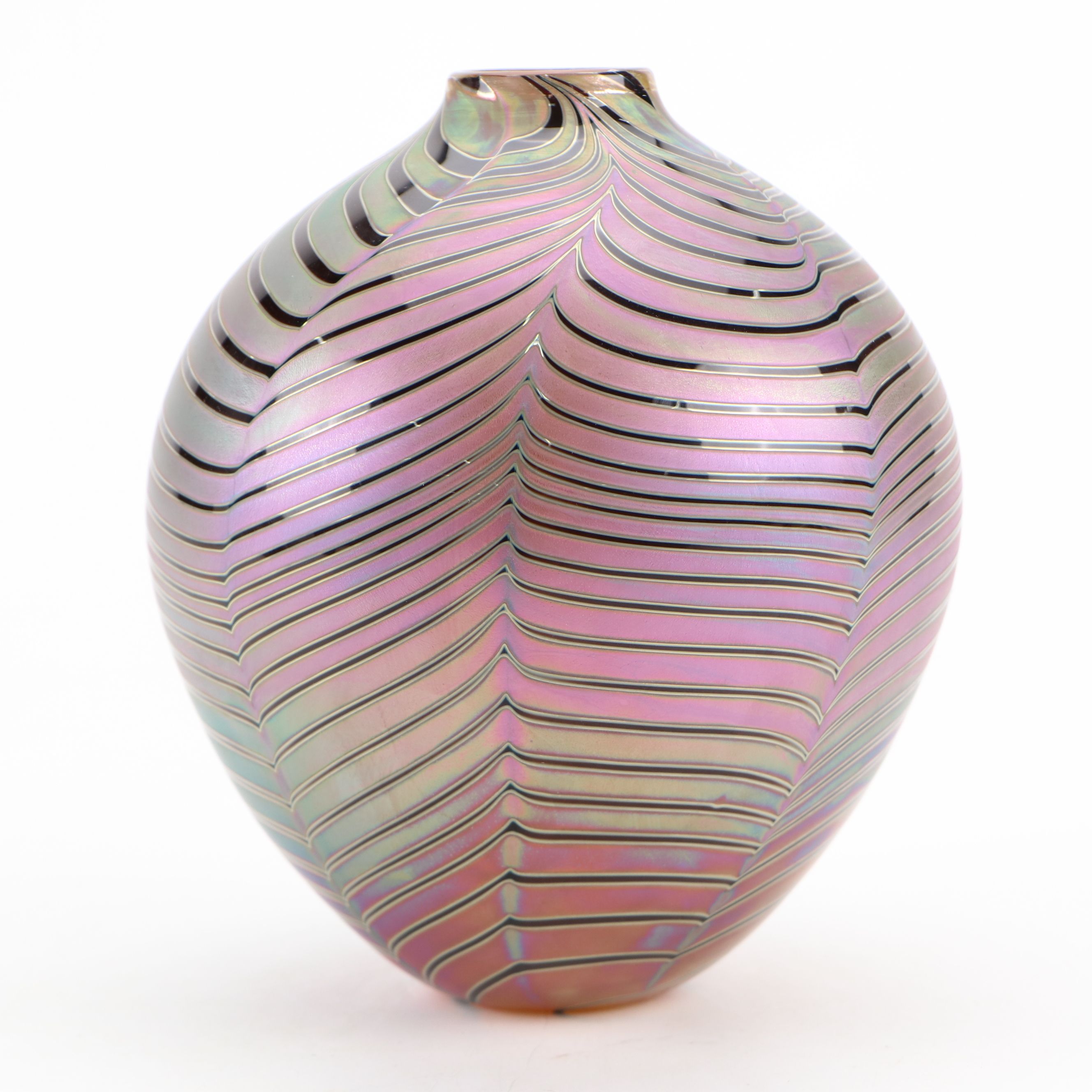 Craig Zweifel Art Glass Feather Pulled Iridescent Vase, 2000