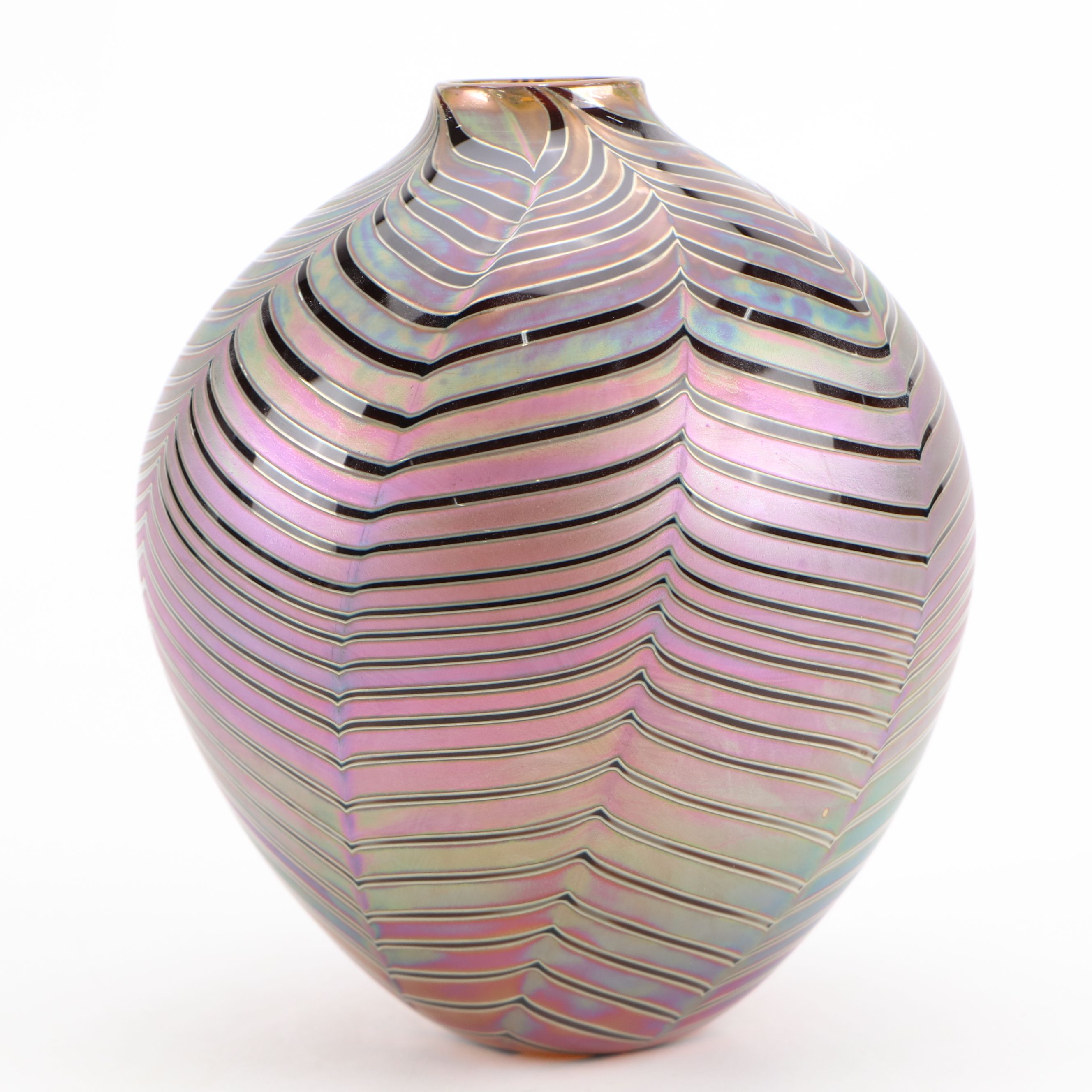 Craig Zweifel Art Glass Feather Pulled Iridescent Vase, 2000
