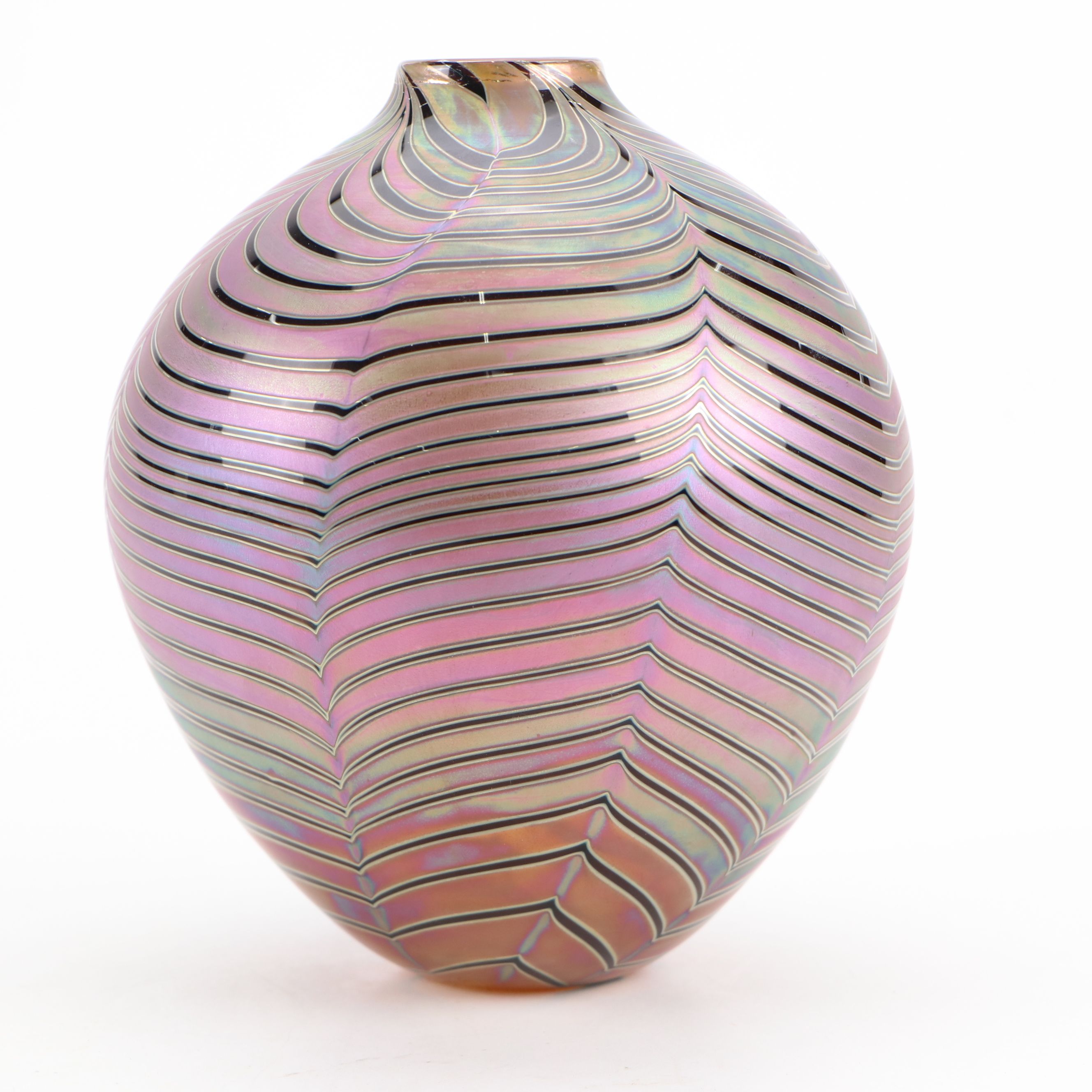Craig Zweifel Art Glass Feather Pulled Iridescent Vase, 2000