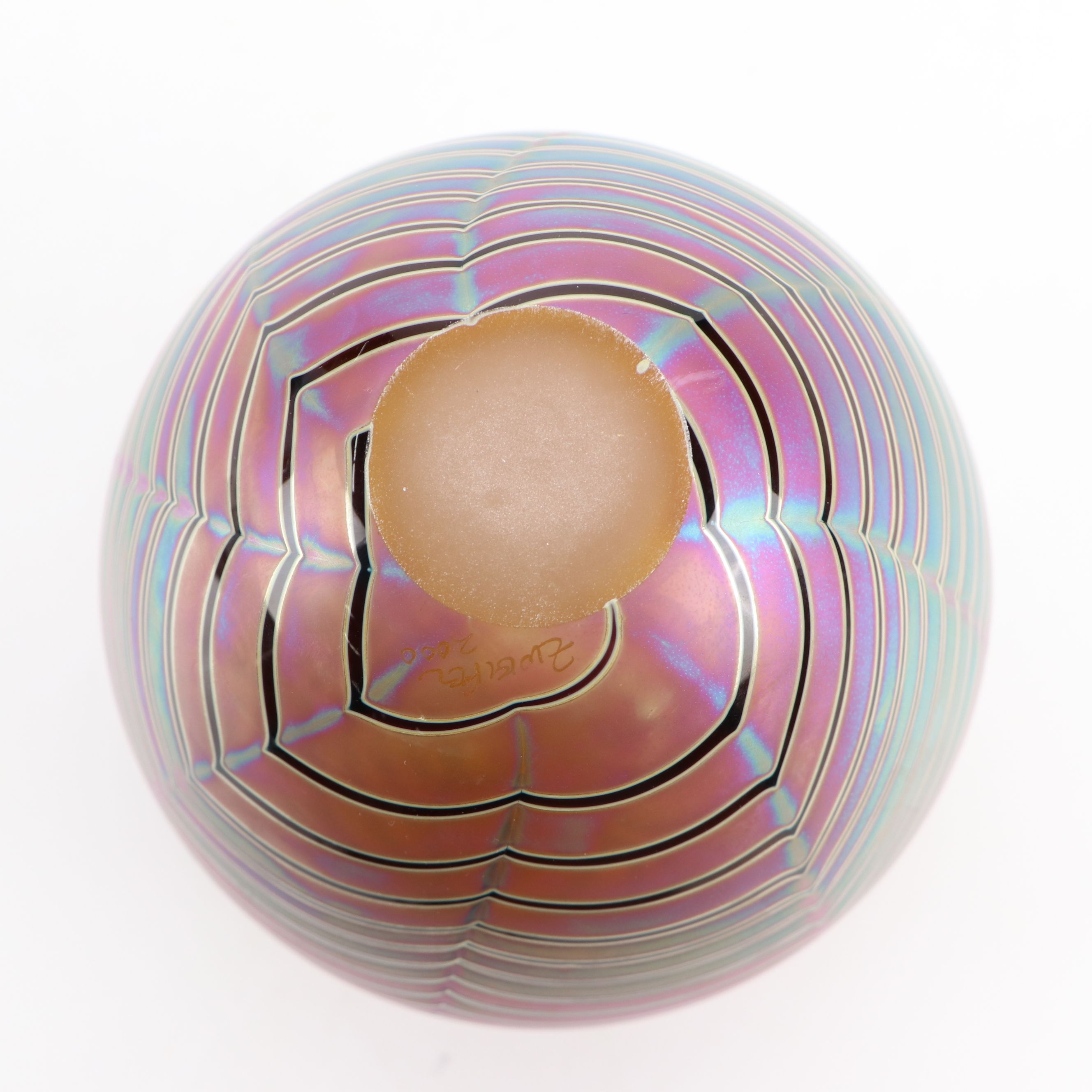 Craig Zweifel Art Glass Feather Pulled Iridescent Vase, 2000