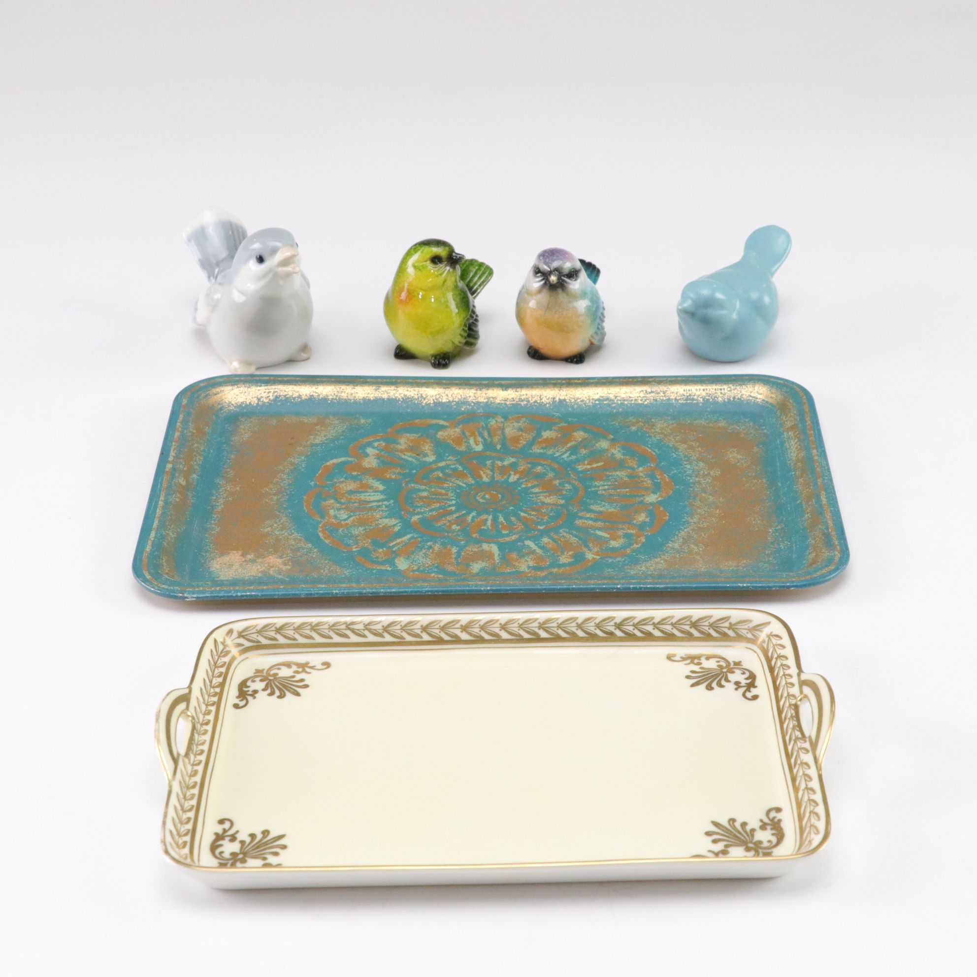 Four Bird Figurines and Two Dresser Trays